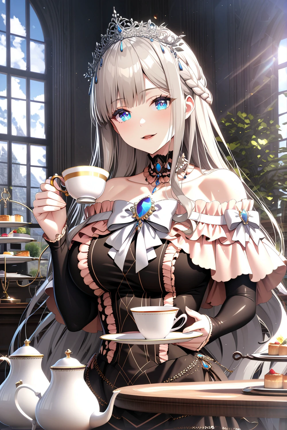 masterpiece, best quality, ultra-detailed, glistening shiny, glowing light, depth of field, (perfect face, detailed face, detailed eyes, perfect hands, perfect fingers), 8k, HD, HDR, ray tracing, perfect lighting, ultra-detailed, shiny eyes, looking at viewer, 1girl, mature female, thicc,
<lora:Cetea_aniXL_ia3_LT_v1:0.8>,
ceteaoujolt, french braid, bare shoulders, black dress, blue eyes, blue gemstone, blue brooch, bow, tiara, very long hair, silver hair, grey hair, choker, frilled dress, frills, jewelry, layered dress, long dress, black sleeves, off shoulder, off-shoulder dress, sidelocks,
smile,
holding cup, holding plate, holding saucer, indoors, large breasts, open mouth, parted lips, shelf, sidelocks, sitting, sunlight, table, tea, teacup, teapot, tiered tray, upper body, window, day