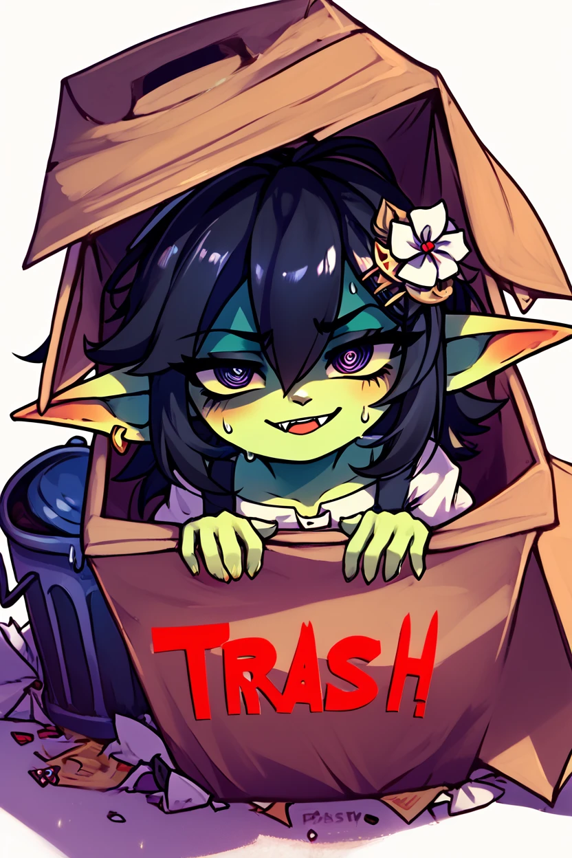 score_9, score_8_up, score_8,   BREAK,  <lora:Trash_Waifu_PDXL:1.0>,  zzTrashWaifu, in trash can,   1girl, goblin girl, green skin, black hair, smug, sexy body, petite body, shortstack, medieval clothes, white dress,   simple background, hair ornament, white background, hair between eyes, sweat,  shaded face, box, @_@,  cardboard box, gloom (expression), in box, red text, the word trash,  (text focus, the word trash:1),  BREAK,  embedding:zPDXL, Expressiveh,  <lora:CatalystStylePDXL:0.6>,  <lora:SDXLFaeTastic2400:0.5>,  <lora:Expressive_H-000001:0.4>,