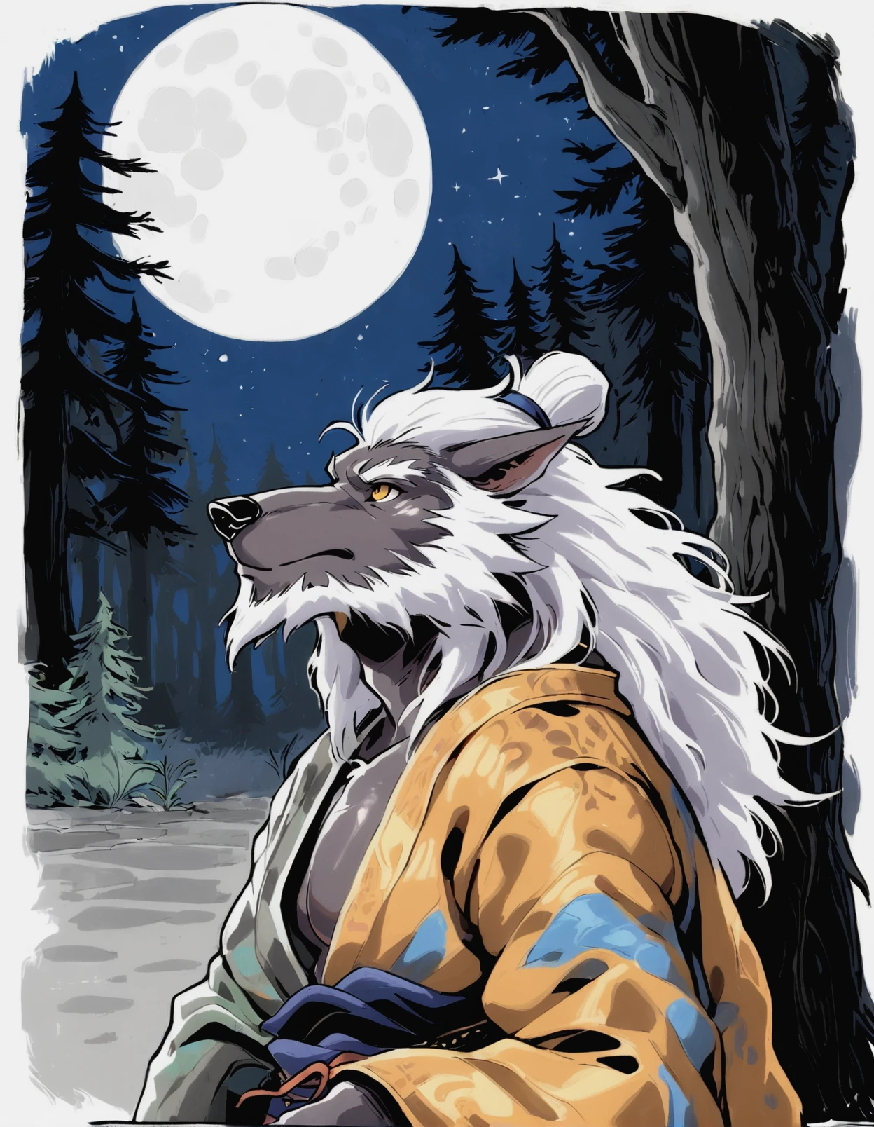 gz,wolf,male,solo,anthro,mature, battle robe, pattern robe, hair bun,white mane hair, beard, side view, looking up, raised head, yellow eyes, glistening eyes, moon, forest, night, dark theme, low light, star, half-length portrait, ink art, white border, digital drawing \(artwork\), 
<lora:BlackMythGuangzhi_1.1.8:1>