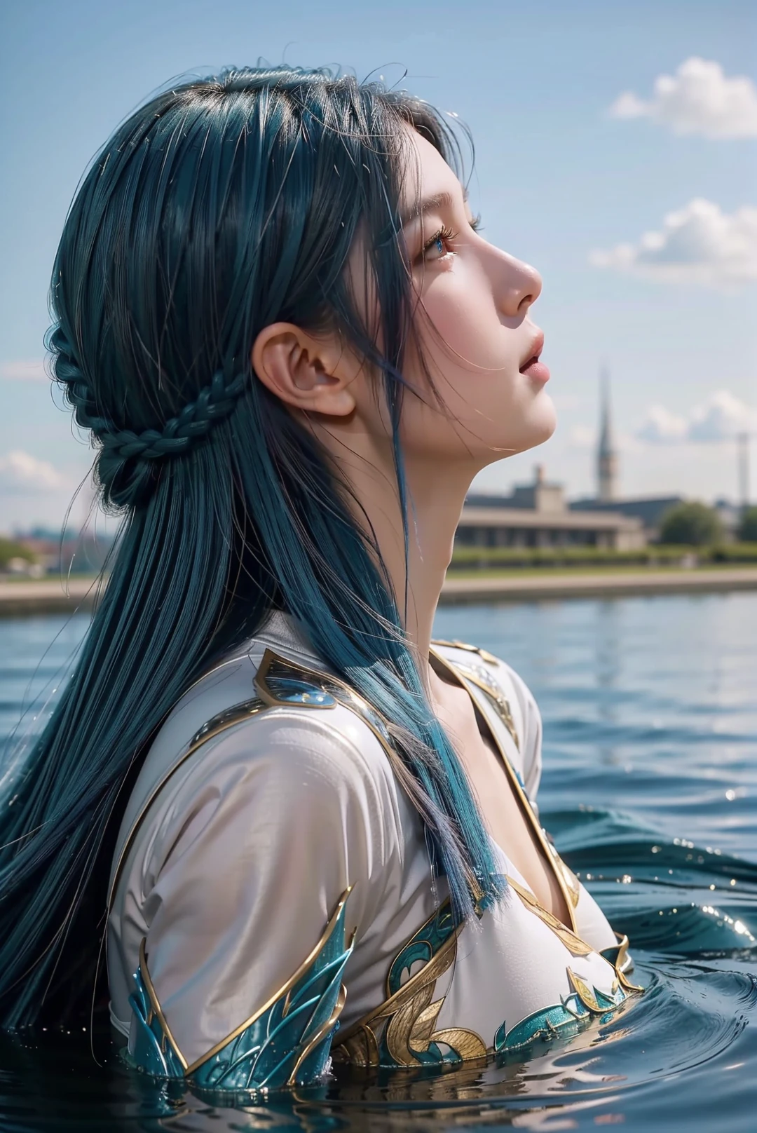 1girl,solo,long hair,blue hair,blue eyes,parted lips,half updo,dress,outdoors,looking up,from side,((in_water)),Highly detailed,(ultra-detailed),(best quality,masterpiece:1.5),