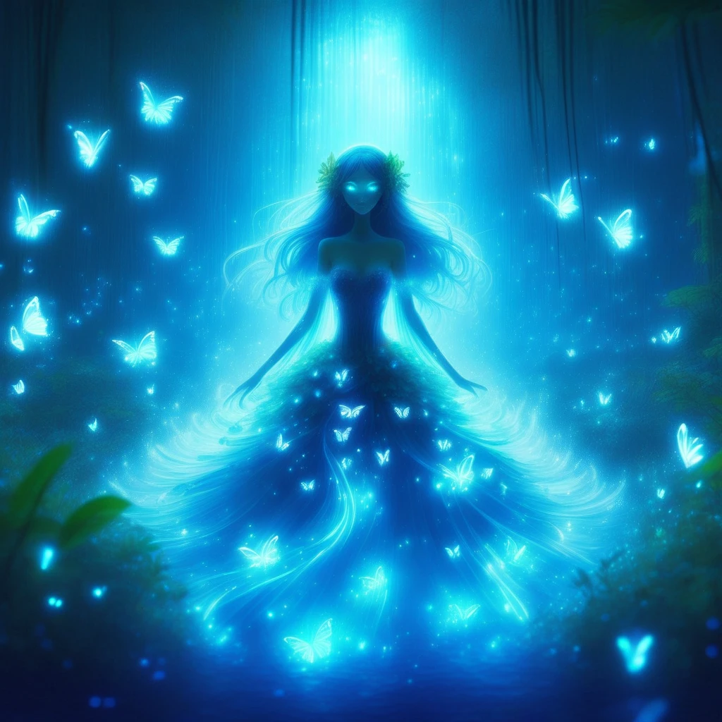 watergoddess, enchanted rainforest, glowing butterflies, bioluminescence, anime style