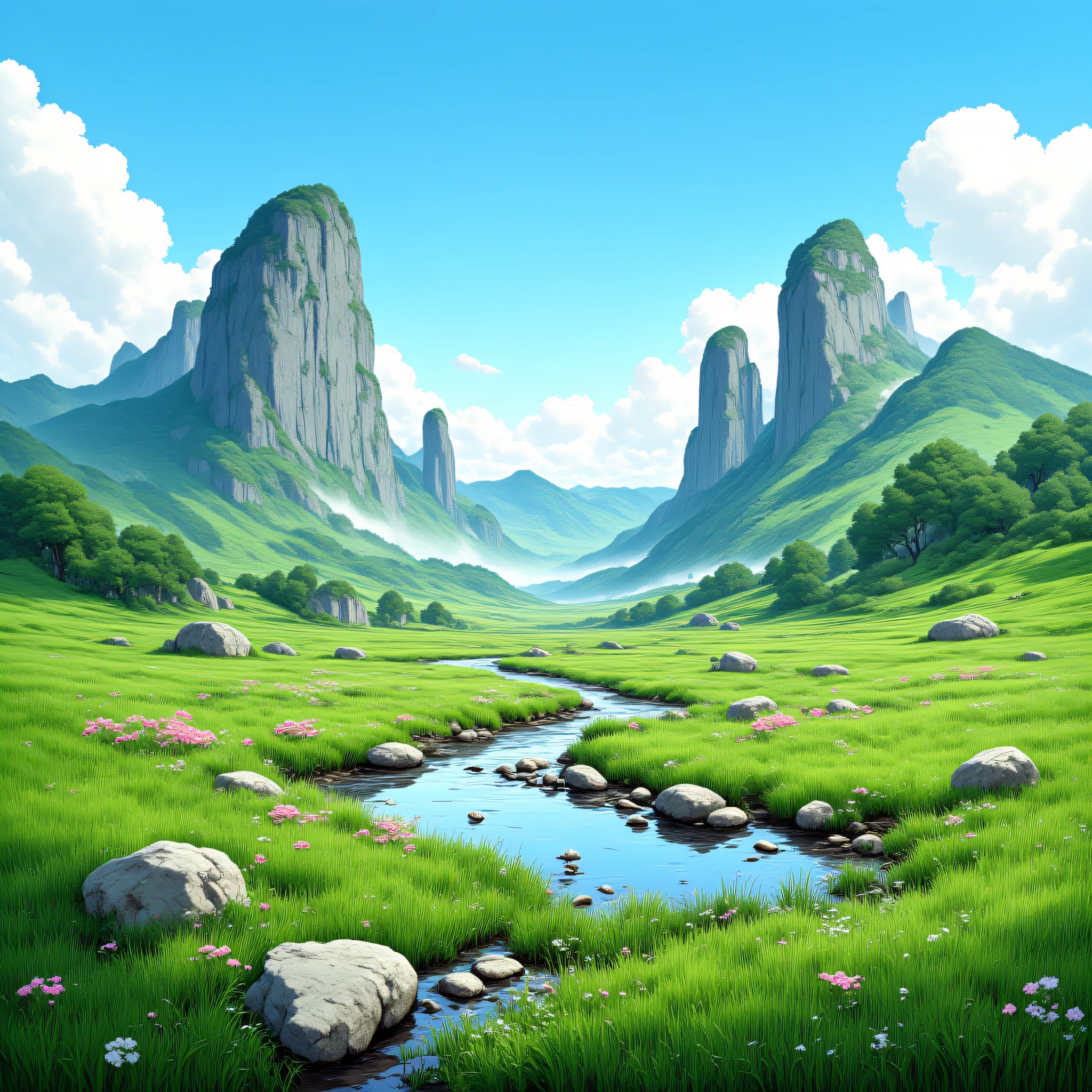 ArsNijiStyle, landscape, The image is a beautiful landscape of a mountainous area. The sky is blue with white clouds scattered across it. The mountains are tall and jagged with a variety of shapes and sizes. In the foreground there is a small stream running through the center of the image. The stream is surrounded by lush green grass and wildflowers with rocks scattered throughout. On the left side of the stream there are two large rock formations one on top of the other. The rock formations are covered in greenery with patches of trees and shrubs. The overall color palette is vibrant and lush with shades of green pink and white. The image conveys a sense of natural beauty and serenity., scenery, outdoors, no humans, sky, day, cloud, grass, flower, mountain, water