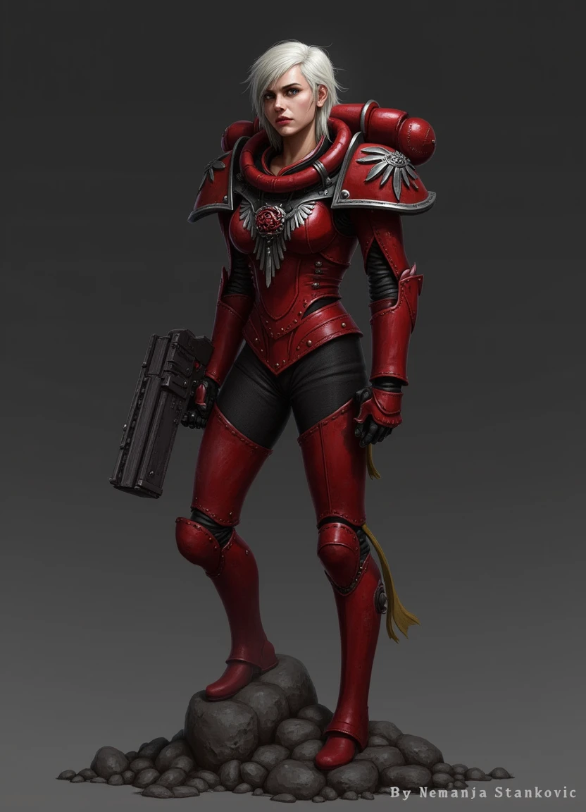 A digital painting of a Sister of Battle \(Warhammer 40k\) from the Order of the Bloody Rose. She is posed with a bolt pistol in her right hand. Her Sororitas power armor is red with black accents, and her tabard has a black rose on it. Her hair is white and her facial features are weathered. She stands on a rock strewn battlefield. The background is a dark grey color.
extremely detailed, bold lines, gritty, muted colors, moody, character design, 
By Nemanja Stankovic.