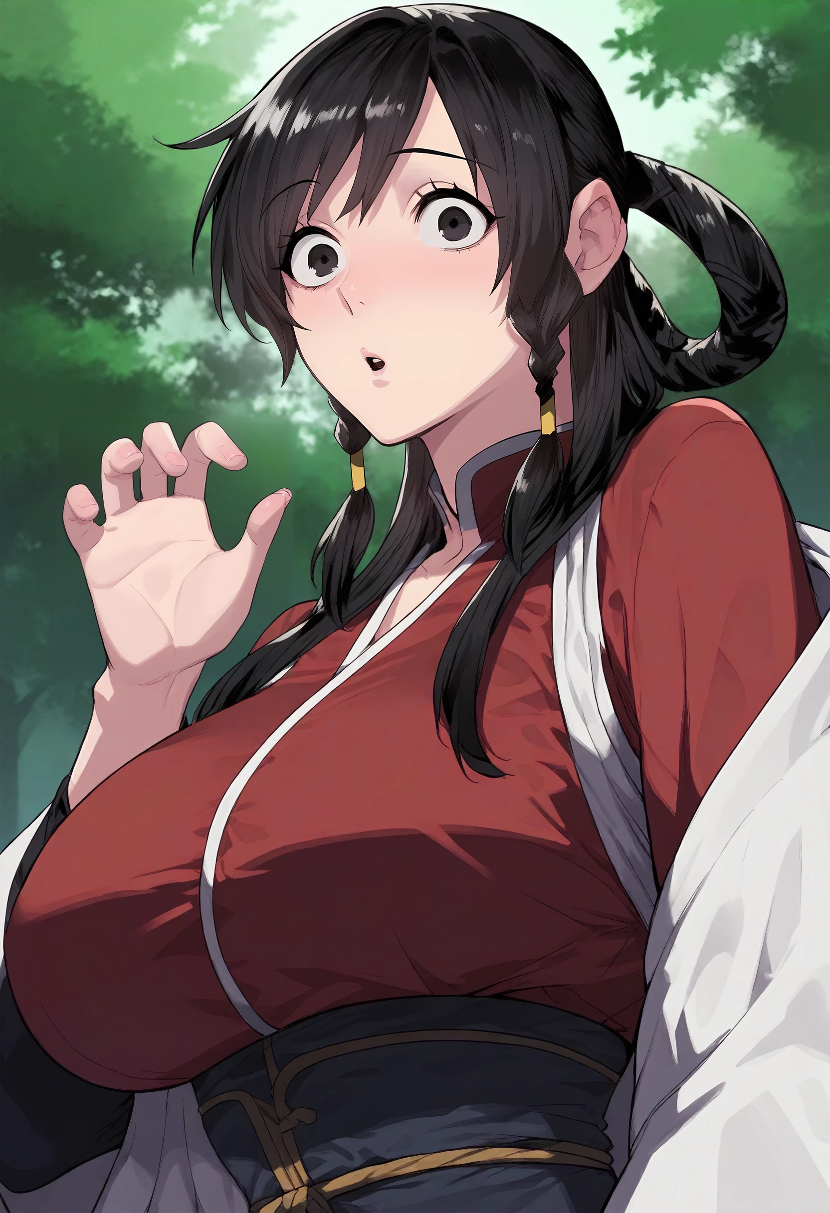 score_9, score_8_up, score_7_up, score_6_up, source_anime, rating_explicit, 1girl, (solo:1.1), huge breasts, <lora:Nak So-Wol prefectPonyxl:0.9> black hair, long hair, black eyes, hair rings, hair tubes, sidelocks, twin braids, hair over shoulder, red shirt, red dress, sash, black corset, short over long sleeves, surprised, forest, outdoors, looking at viewer, close-up, hand up