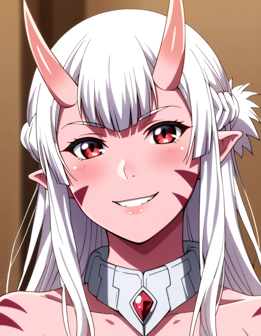 score_9, score_8_up, score_7_up, score_6_up, score_5_up, score_4_up, source_anime  <lora:PeterGrillPhilosophersTimeV2:1>, soft smile, portrait,  Lisa, pointy ears, demon girl, red eyes, facial mark, colored skin, white hair, braid, oni, very long hair, pink skin, tail,