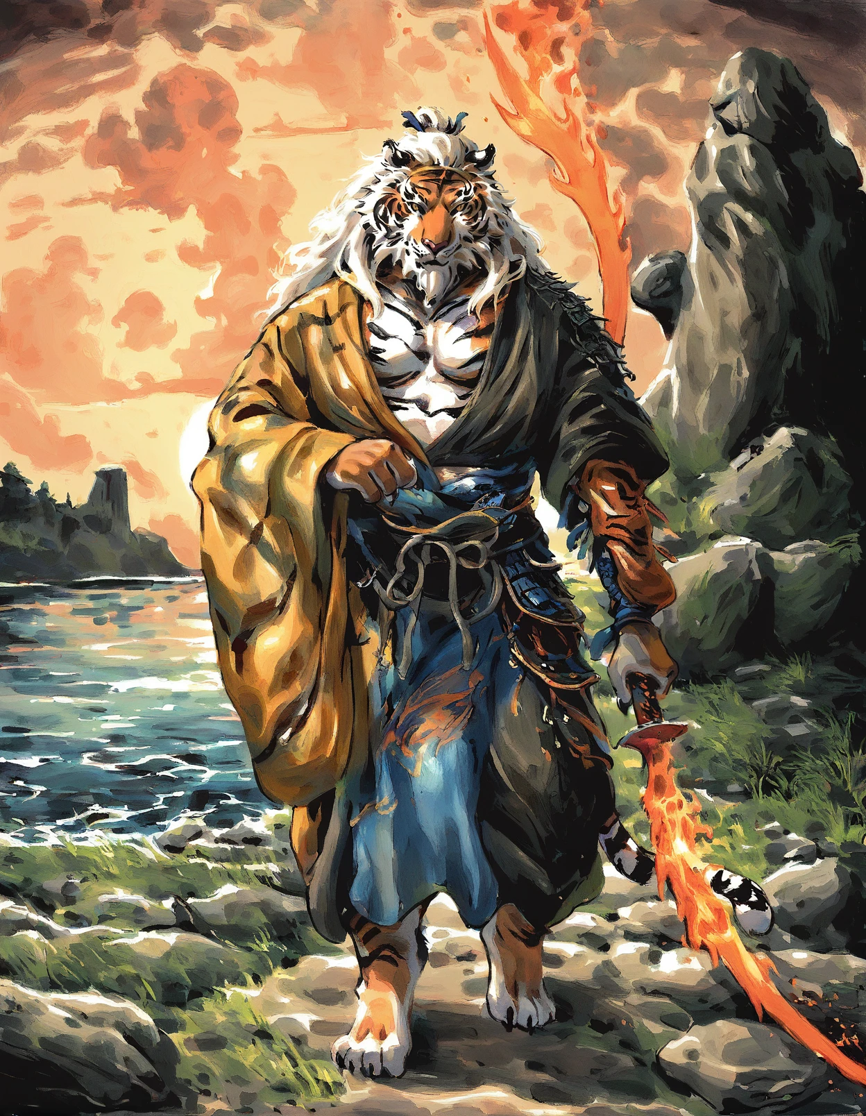 ink wash painting, tiger,male,solo,anthro, orange fur, yellow eyes,mature, battle robe, pattern blue loincloth, pattern robe, hair bun,white mane hair, beard, standing, holding melee weapon, double headed fire blade, polearm, sunset, dusk, sky, black contour, grass, rock, walking towards viewer, 
<lora:BlackMythGuangzhi_1.1.8:1> <lora:xl_shuimo:1>