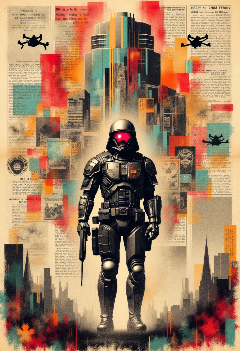 <lora:NstlgaNv__flux_EliPot:1> newspaper, collage, Massive cyberpunk soldier with glowing red visor standing in front of a ruined skyscraper, smoke rising from the city below as drones fly overhead.