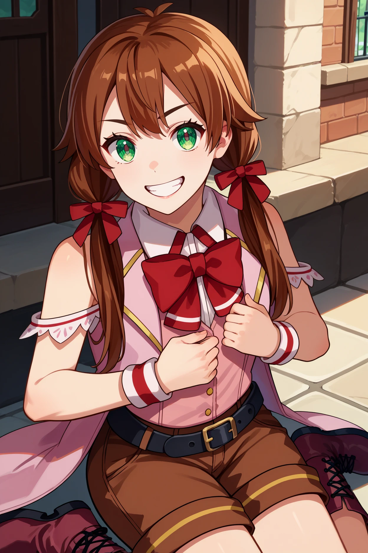 score_9, score_8_up, score_7_up, score_6_up, source_anime, 1girl, solo,  <lora:roroaamidonia-pdxl-nvwls-v1-000005:1> roroa, brown hair, long hair, low twintails, green eyes, hair ribbon, collared shirt, red bowtie, pink coat, sleeveless, black belt, brown shorts, wristband, grin, looking at you, cross-laced boots, kneeling, chestnut mouth, looking at you, hand on own chest, village