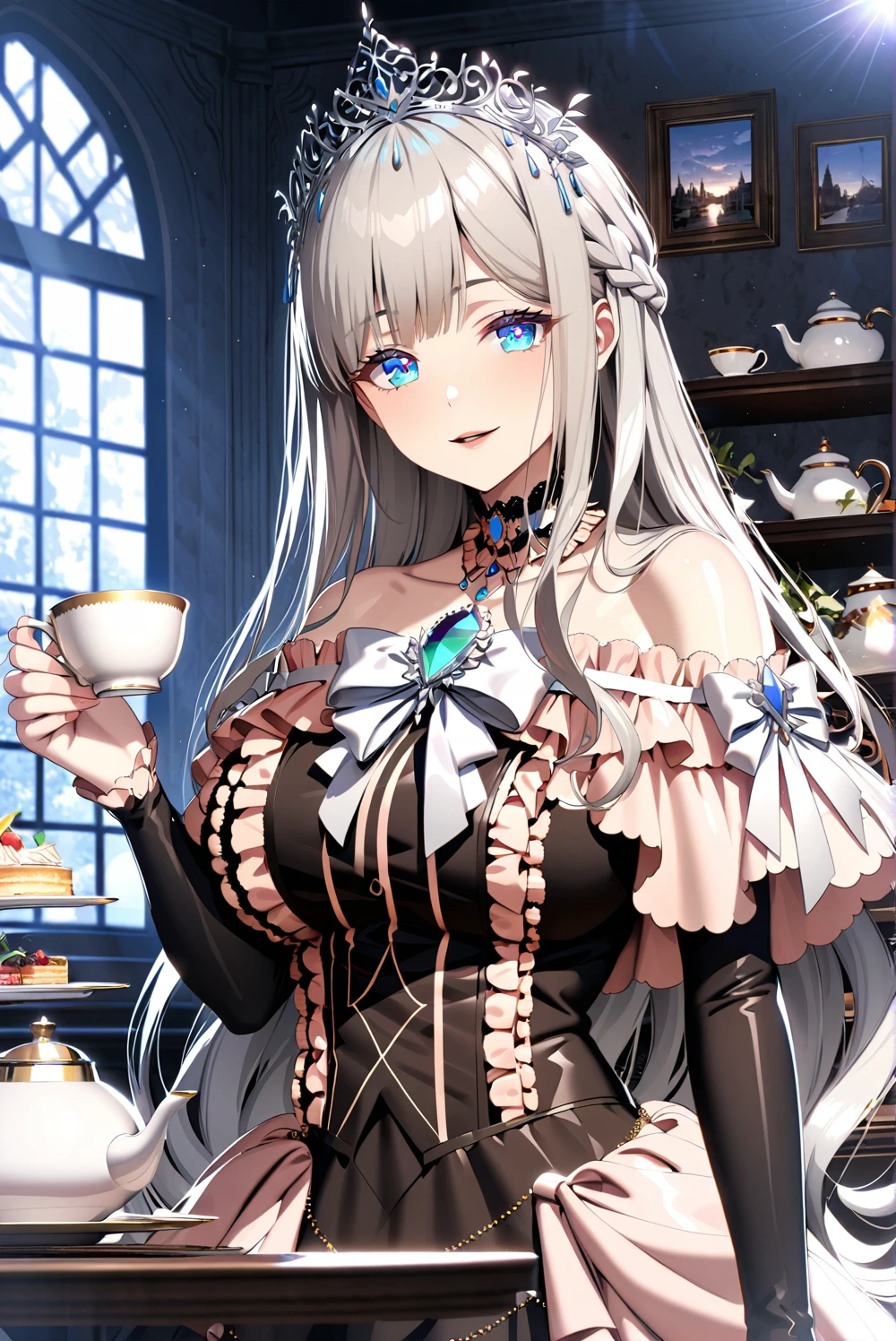 masterpiece, best quality, ultra-detailed, glistening shiny, glowing light, depth of field, (perfect face, detailed face, detailed eyes, perfect hands, perfect fingers), 8k, HD, HDR, ray tracing, perfect lighting, ultra-detailed, shiny eyes, looking at viewer, 1girl, mature female, thicc,
<lora:Cetea_aniXL_ia3_LT_v1:0.8>,
ceteaoujolt, french braid, bare shoulders, black dress, blue eyes, blue gemstone, blue brooch, bow, tiara, very long hair, silver hair, grey hair, choker, frilled dress, frills, jewelry, layered dress, long dress, black sleeves, off shoulder, off-shoulder dress, sidelocks,
smile,
holding cup, holding plate, holding saucer, indoors, large breasts, open mouth, parted lips, shelf, sidelocks, sitting, sunlight, table, tea, teacup, teapot, tiered tray, upper body, window, day