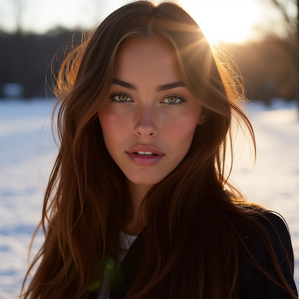 woman, light makeup, long brown hair, in the winter outdoors with silhouette illumination of her hair by evening sunlight. Taken with a ProPhoto iPhone camera.