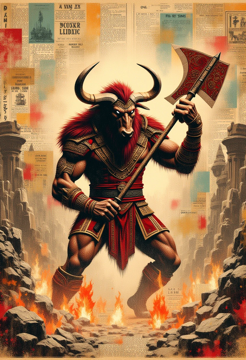 <lora:NstlgaNv__flux_EliPot:1> newspaper, collage, Colossal minotaur wielding a giant axe, standing in the center of a ruined temple, with flames burning in the background and ancient statues crumbling around him.