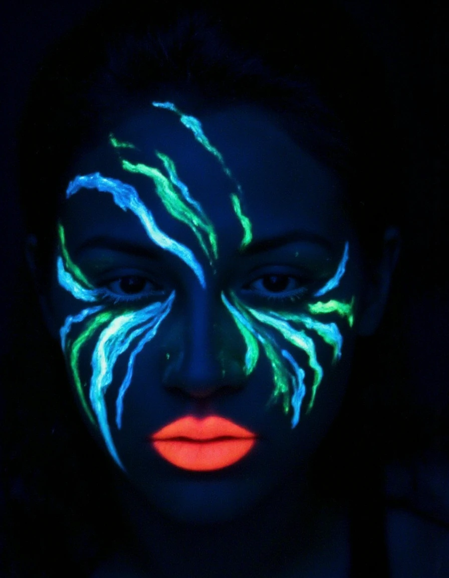 ,photography of a woman with glowing ice-facepaint, <lora:black_lightUV_glow:1>