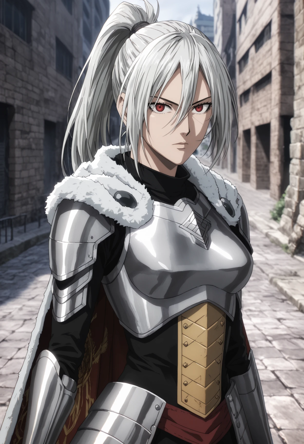 score_9, score_8_up, score_7_up, source_anime, BREAK, (123, medium breasts, human, LOR), outdoors, castle background, village background, cliff, ocean, cobblestone path, dam, waterfall, stone bridge, night, light rays, 1girl, solo, close-up, white hair, ponytail, sidelocks, red eyes, full armor, heavy armor, ornate intricate detailed armor, looking at viewer, shiny skin, , expressionless, standing, hooded cape, fur collar, intricate patterned cloak, <lora:One_Punch_Man:1>