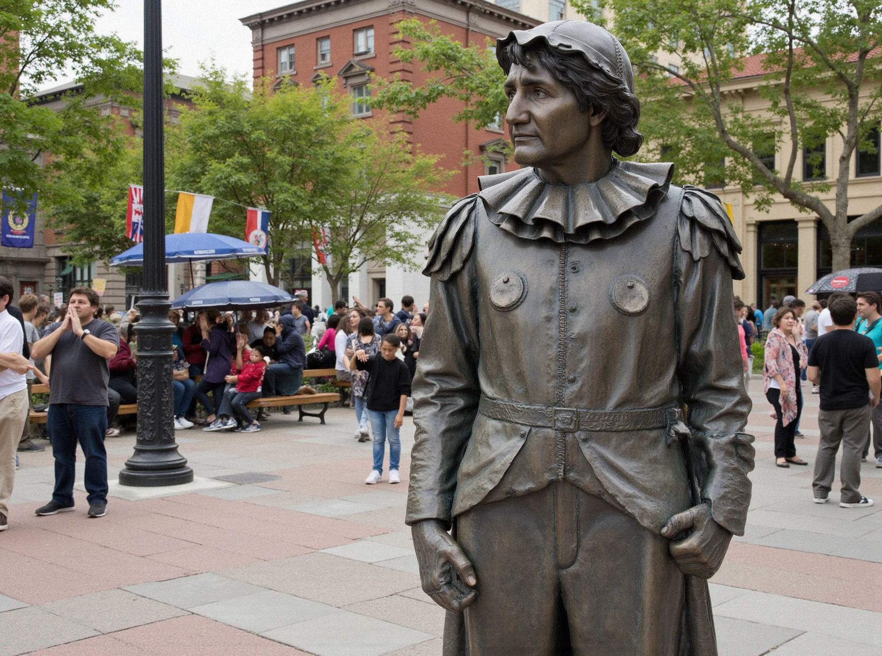 Movie still, bronze statue of 1boy Justin Trudeau dressed like a clown, standing in the center of a park square, sad face, arms to the side, almost to say he's sory, full body, bonze, statue, medium closeup