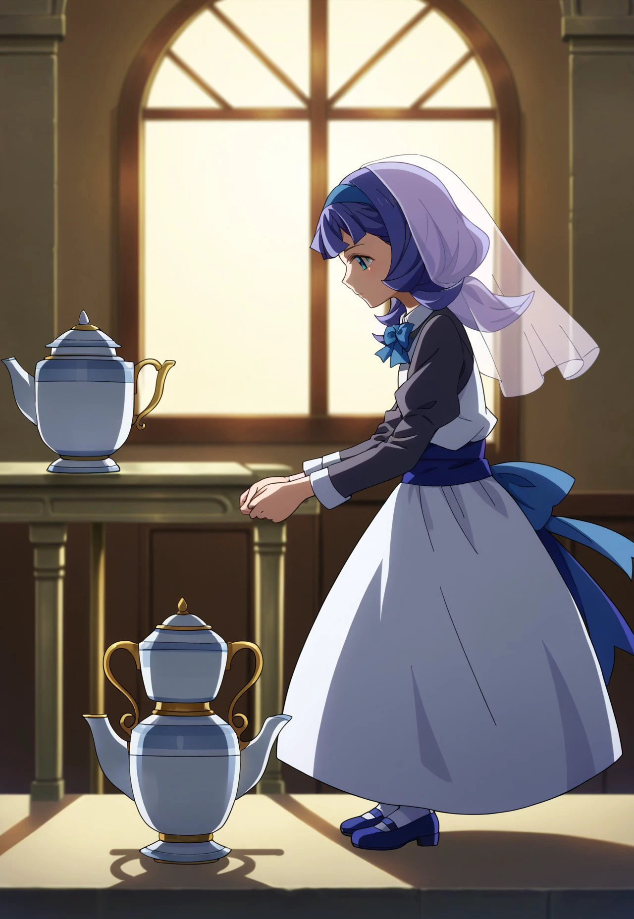 Score_9, score_8, score_7, source_anime, almiriabauduin, bowtie, ribbon, sitting, rose, teapot, profile, outstretched arms, skirt, veil, ^_^