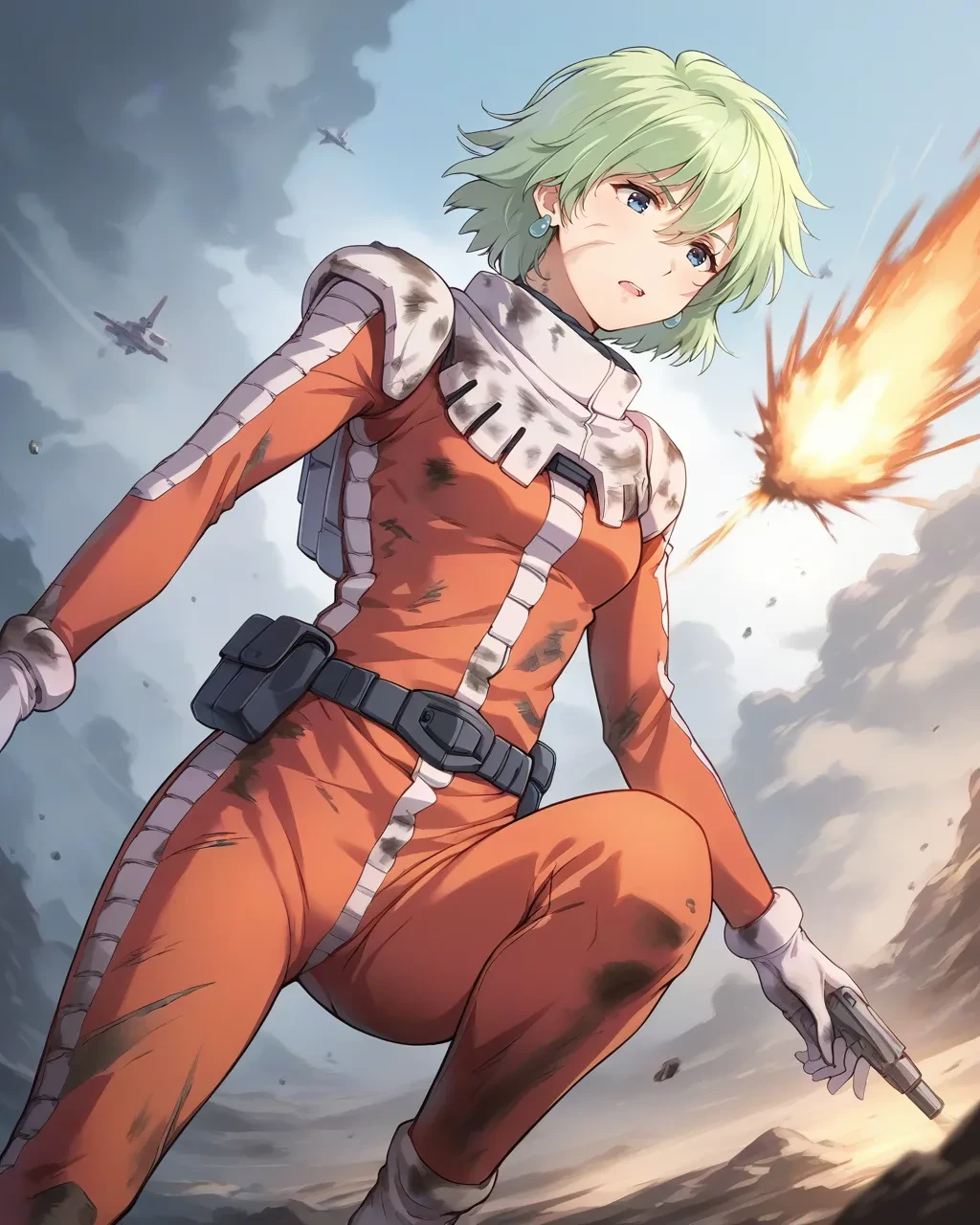 score_9,score_8_up,score_7_up,best quality, 4k, rating_safe, very aesthetic, source_anime,1girl,
<lora:Aina_Sahalin:0.9>,Aina Sahalin,blue eyes,green hair,earrings,short hair,pilot suit,gloves,
dynamic angle,from below,cowboy shot,on one knee,dirty,scar,shouting,explosion,,