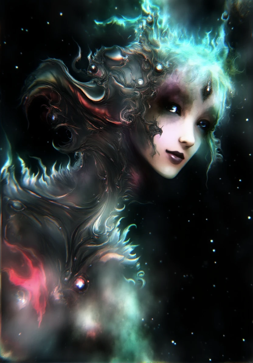 a high quality work of art by AmeshinART of a beautiful cyberpunk woman with cyan hair and silver eyes with a surreal black abstract dragon spilling ink and glowing vibes in space looking in to the camera and smiling confidently with a planet behind her, wearing a beautiful metal dress made of black dragon, subtle red glowing lights surrounding her