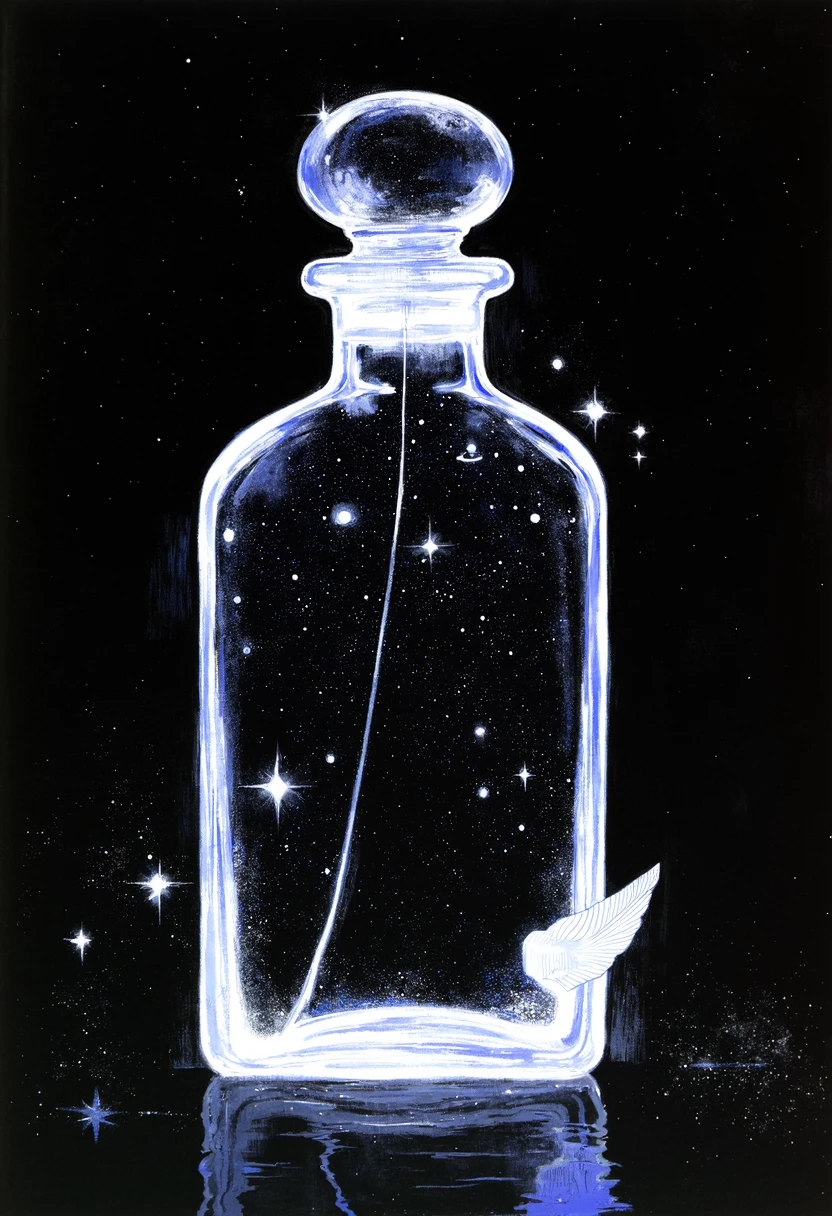 chalk drawing,A beautiful perfume bottle with a starry sky inside,Japanese anime