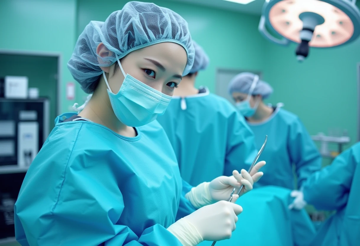 A detailed portrait of a young and beautiful Japanese female surgeon She is wearing a fitted, full set of long-sleeved surgical attire, including a long-sleeved surgical gown, surgical cap, mask, and gloves. She looks slender. She is looking at the viewer, holding a scalpel. 
The setting is a modern operating room with a clean and sterile environment. The background includes surgical equipment. A large shadowless lamp overhead.
No oversized surgical gown.
  <lora:Surgeon in bouffant cap Flux_epoch_5:1>