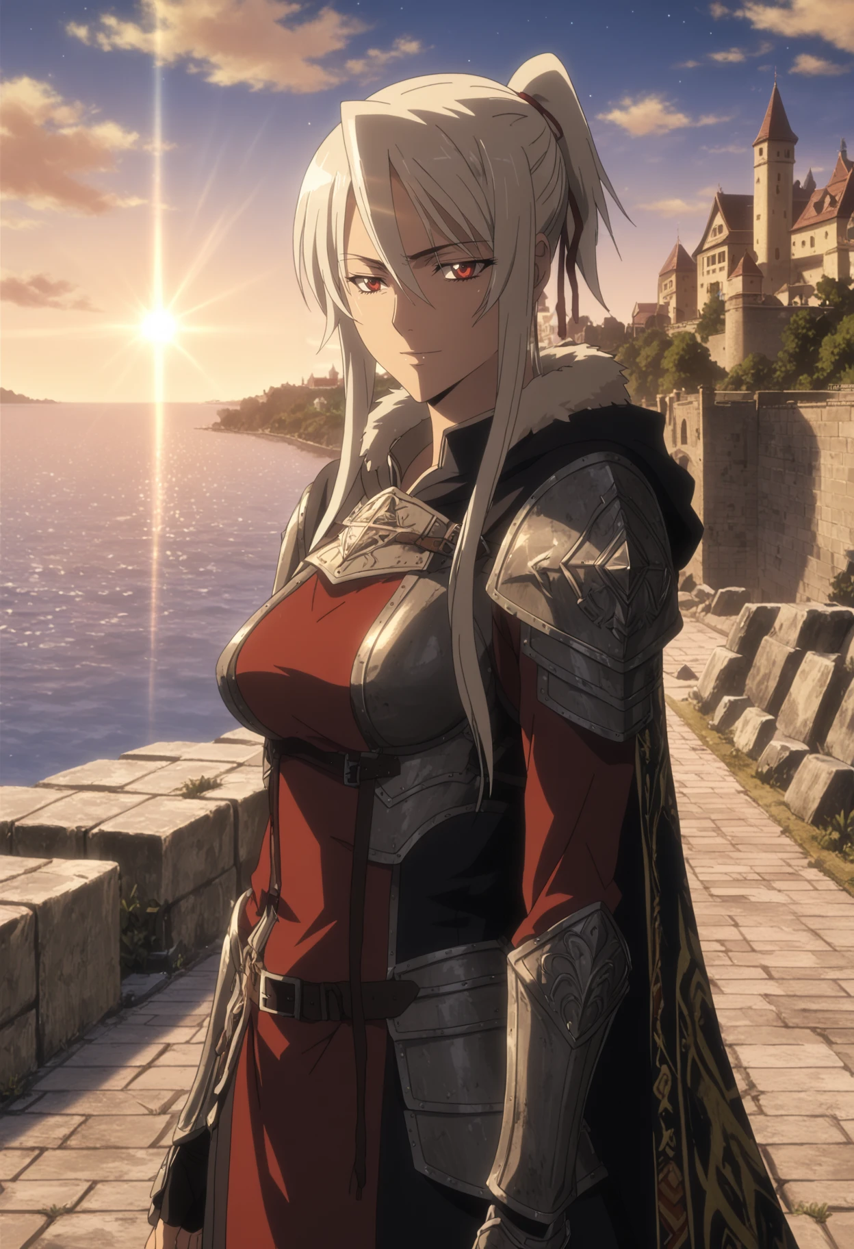 score_9, score_8_up, score_7_up, source_anime, BREAK, (123, medium breasts, human, LOR), outdoors, castle background, village background, cliff, ocean, cobblestone path, dam, waterfall, stone bridge, night, light rays, 1girl, solo, close-up, white hair, ponytail, sidelocks, red eyes, full armor, heavy armor, ornate intricate detailed armor, looking at viewer, shiny skin, , light smile, half-closed eyes, serious, standing, hooded cape, fur collar, intricate patterned cloak, <lora:Highschool_Of_The_Dead:1>