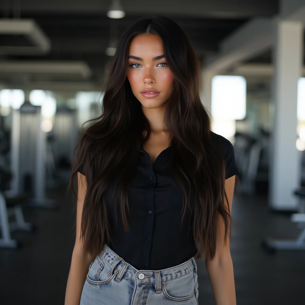 woman,light makeup, long black hair, black shirt, gray pants, at a gym, m4d1s0n
