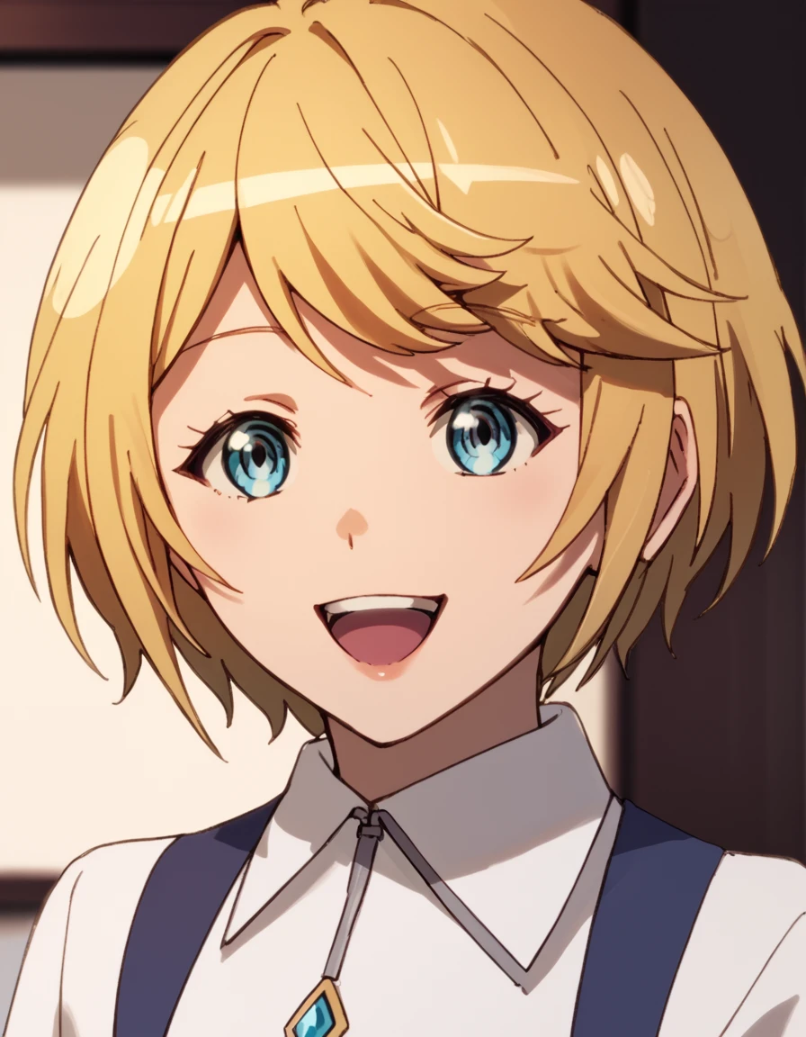 Satome, short hair, blue eyes, blonde hair, score_9, score_8_up, score_7_up, score_6_up, score_5_up, score_4_up, source_anime  <lora:Chillin30sFiredfromDemonArmy:1>, happy, portrait