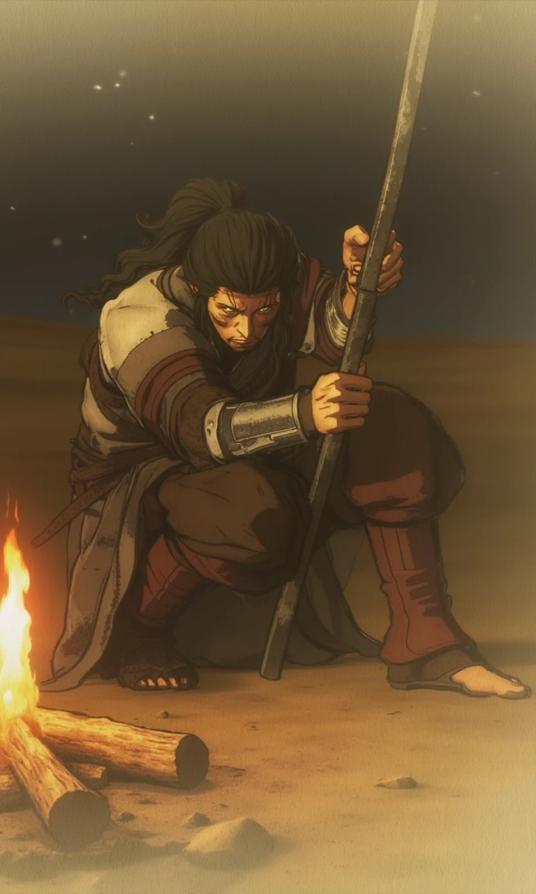 A lone wanderer, scarred from countless battles, silently sits by a campfire in the vast desert, his piercing gaze reflecting the weight of past decisions. 