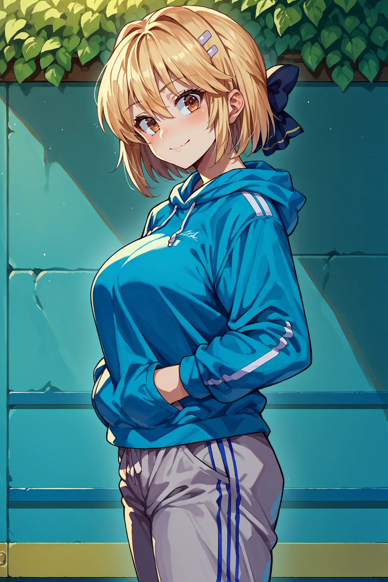 score_9, score_8_up, score_7_up, score_6_up, source_anime, 1girl, solo,   <lora:lisciaelfrieden-pdxl-nvwls-v1-000005:1> liscia, blonde hair, short hair, brown eyes, hairclip, hair bow, blue hoodie, big breasts, grey pants, track pants, hands in pockets, looking at you, blush, smile