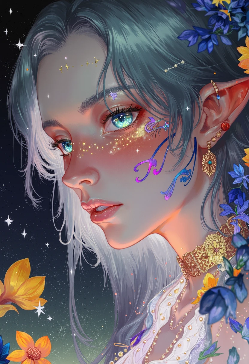 Create a close-up image of a fantasy elf’s face. Her skin glows with a soft, ethereal light and is adorned with neon tattoos that cover her face in intricate patterns. The tattoos emit a magical glow that illuminates her delicate features. Her eyes are large and bright, subtly changing between shades of blue and green, as if holding an ocean within them. Her long, silver hair frames her face, adding a touch of magic to the scene. The background features a starry sky that enhances the dreamy atmosphere , fantasy art, detail eyes, magic eyes, de01, fca_style, flowers, flowering style, Graphic design, flyer, poster,