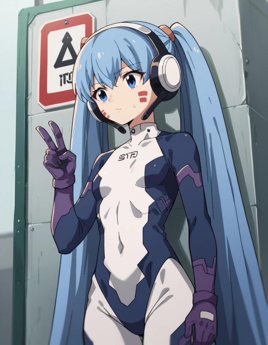 score_9, score_8_up, score_7_up, source_anime, <lora:hermit-mio-s1-ponyxl-lora-nochekaiser:1>, hermit mio, long hair, blue eyes, twintails, very long hair, blue hair, facial mark,, headphones, gloves, bodysuit, covered navel, pilot suit,, bus stop, waiting, commuter, smartphone, checking time, cold morning, , , hand making a peace sign, solo,, cowboy shot, dutch angle