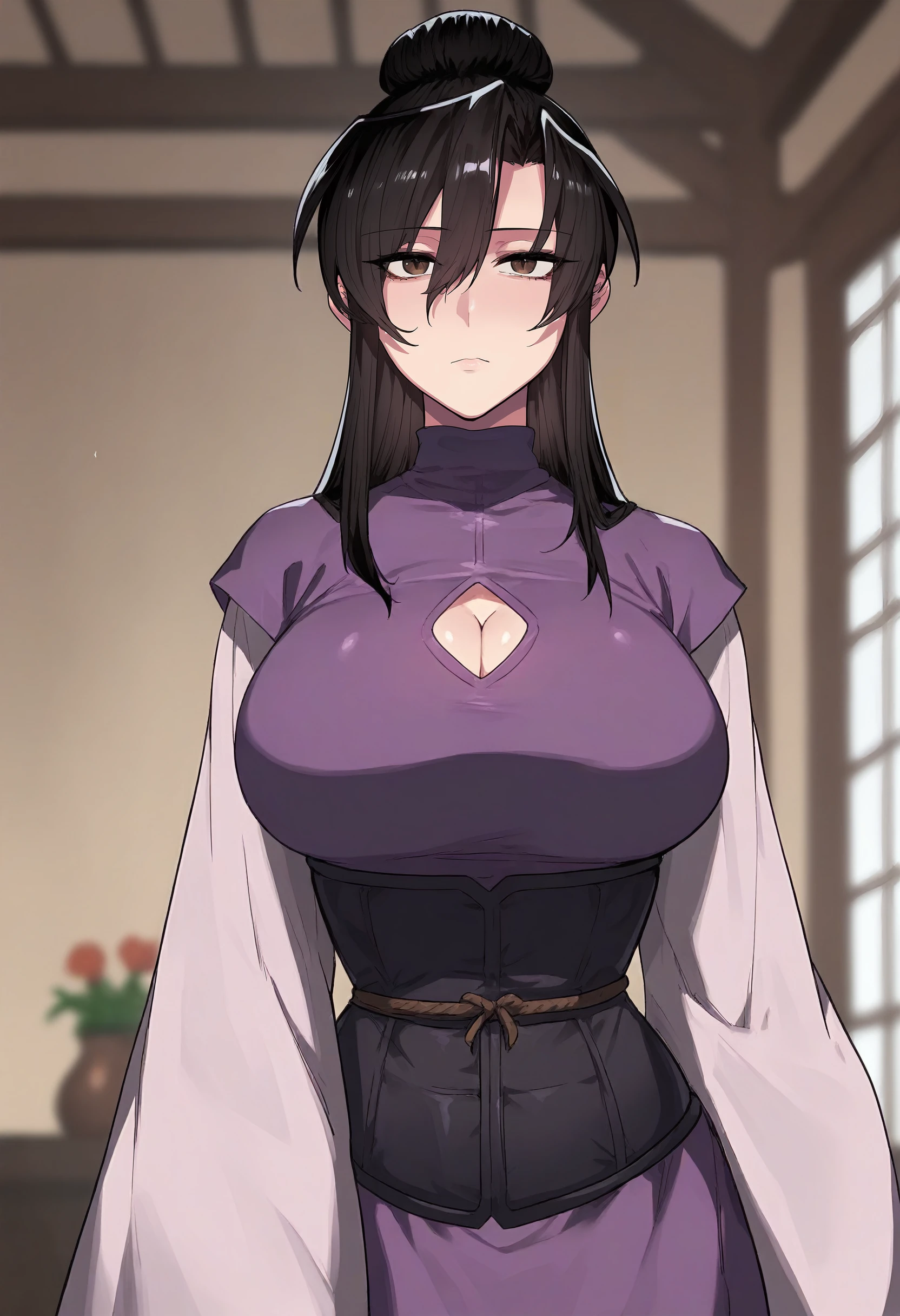 score_9, score_8_up, score_7_up, score_6_up, source_anime, rating_explicit, 1girl, (solo:1.1), huge breasts,<lora:Tang Hye prefectPonyxl:0.9> black hair, long hair, single hair bun, hair between eyes, black eyes, brown eyes, sidelocks, purple dress, turtleneck, cleavage cutout, short over long sleeves, wide sleeves, corset, expressionless, indoors, looking at viewer