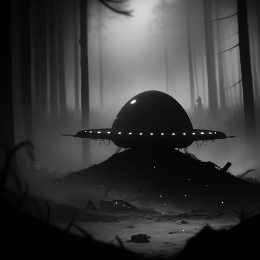 a ufo crash-landing in the forest, documentary photography, capturing reality, human experiences, photojournalistic storytelling, candid moments, authentic narratives, raising awareness, documenting history, preserving cultural heritage, immersive storytelling, evoking empathy, powerful imagery, journalistic integrity, <lora:LIMBO_STYLE:0.6>