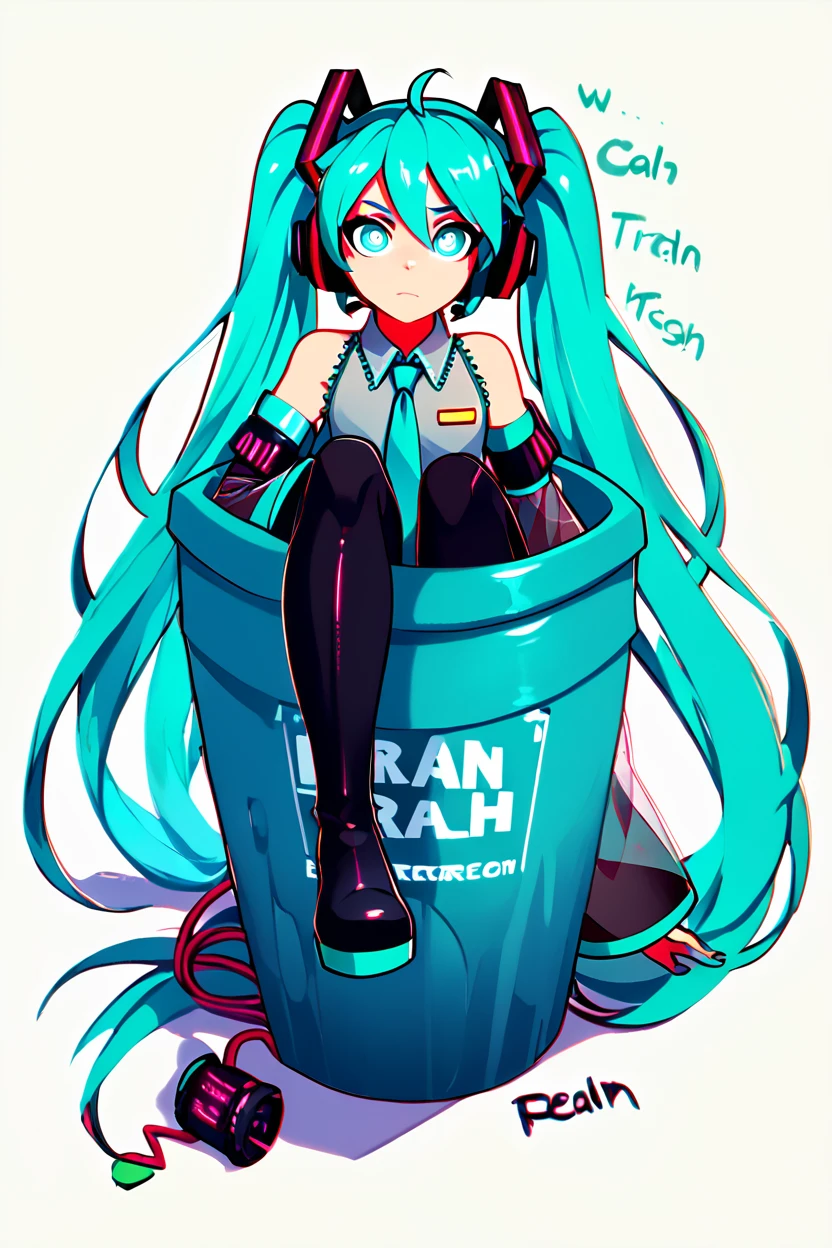 score_9, score_8_up, score_8, BREAK, <lora:Trash_Waifu_PDXL:1.0>, zzTrashWaifu, in trash can, 1girl, absurdly long hair, absurdres, ahoge, android, aqua eyes, aqua hair, aqua necktie, boots, bright pupils, cable, cheri zao, chromatic aberration, closed mouth, detached sleeves, glowing, glowing eyes, grey shirt, hatsune miku, hatsune miku (vocaloid3), headphones, highres, knee up, leg up, light frown, long hair, looking at viewer, mechanical parts, necktie, raised eyebrows, robot girl, see-through, see-through sleeves, shirt, simple background, thigh boots, twintails, very long hair, vocaloid, white background, white pupils, wide-eyed, wide sleeves (text focus, the word trash:1), BREAK, embedding:zPDXL, Expressiveh, <lora:CatalystStylePDXL:0.6>, <lora:SDXLFaeTastic2400:0.5>, <lora:Expressive_H-000001:0.4>,