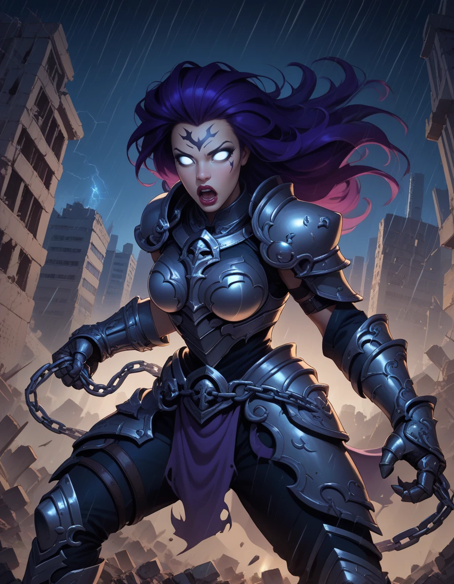 score_9, score_8_up, score_7_up,
1girl, solo,
FuryDG,
purple hair, no pupils, white eyes, facial tattoo, lipstick, long hair,
armor, gorget, gauntlets, shoulder armor,breast plate, armored boots,
open mouth, glowing eyes,
ruins, city, night, rain,
fighting stance, holding chains, magic, battle, destruction,  glowing,
 <lora:Fury DG PXL v01:0.90>