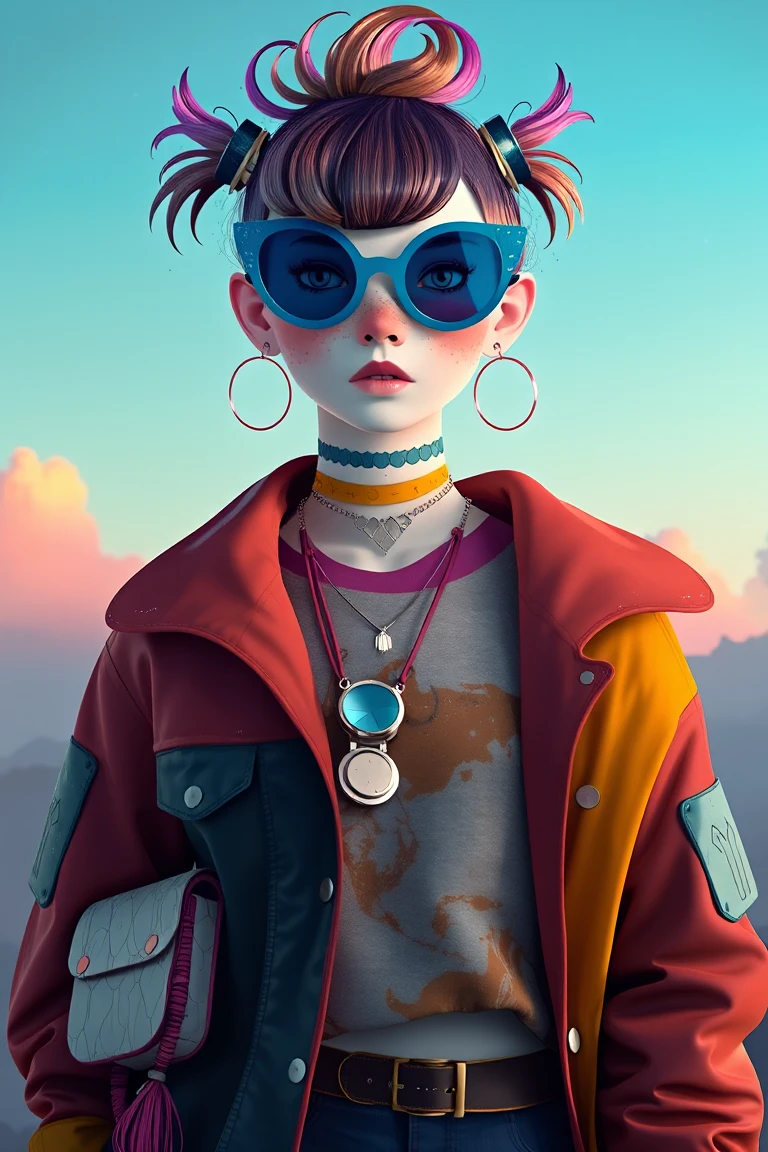 3d octane render dreamy art featuring a main character highlighted by high-contrast pairings of maroon, bright mustard, and cobalt blue, clashing with pastel lilac and muted gray, incorporating offbeat indie fashion like eclectic vintage finds mixed with futuristic accessories.