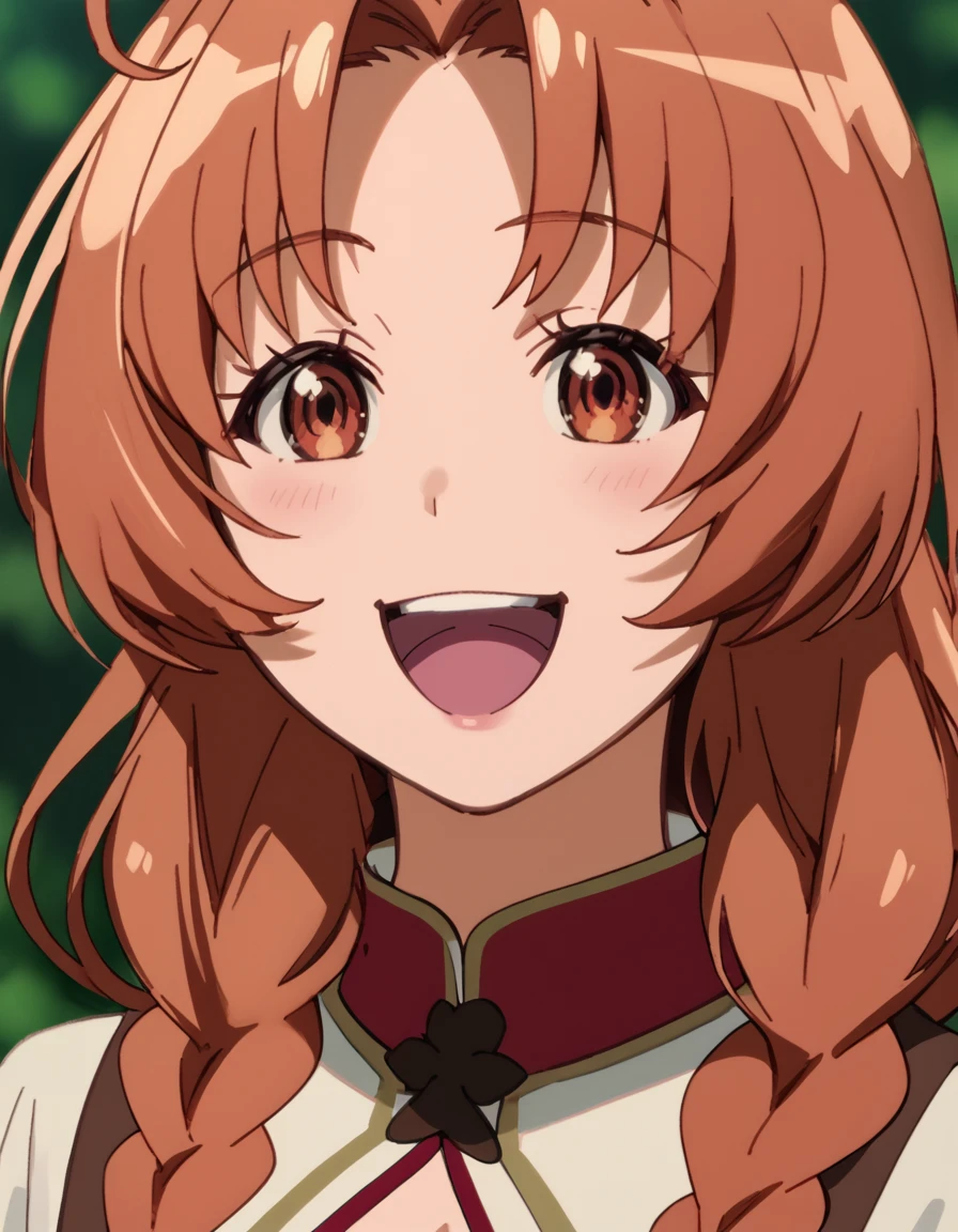 Marika, very long hair, brown hair, brown eyes, ahoge, braided ponytail, score_9, score_8_up, score_7_up, score_6_up, score_5_up, score_4_up, source_anime  <lora:Chillin30sFiredfromDemonArmy:1>, happy, portrait