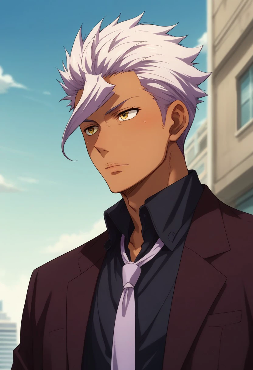 score_9, score_8_up, score_7_up, source_anime, highly detailed,
itsuka, 1boy, solo, dark-skinned male, male focus, dark skin, formal suit, purple suit, necktie, white hair, yellow eyes, upper body,
outdoor, building, sky,