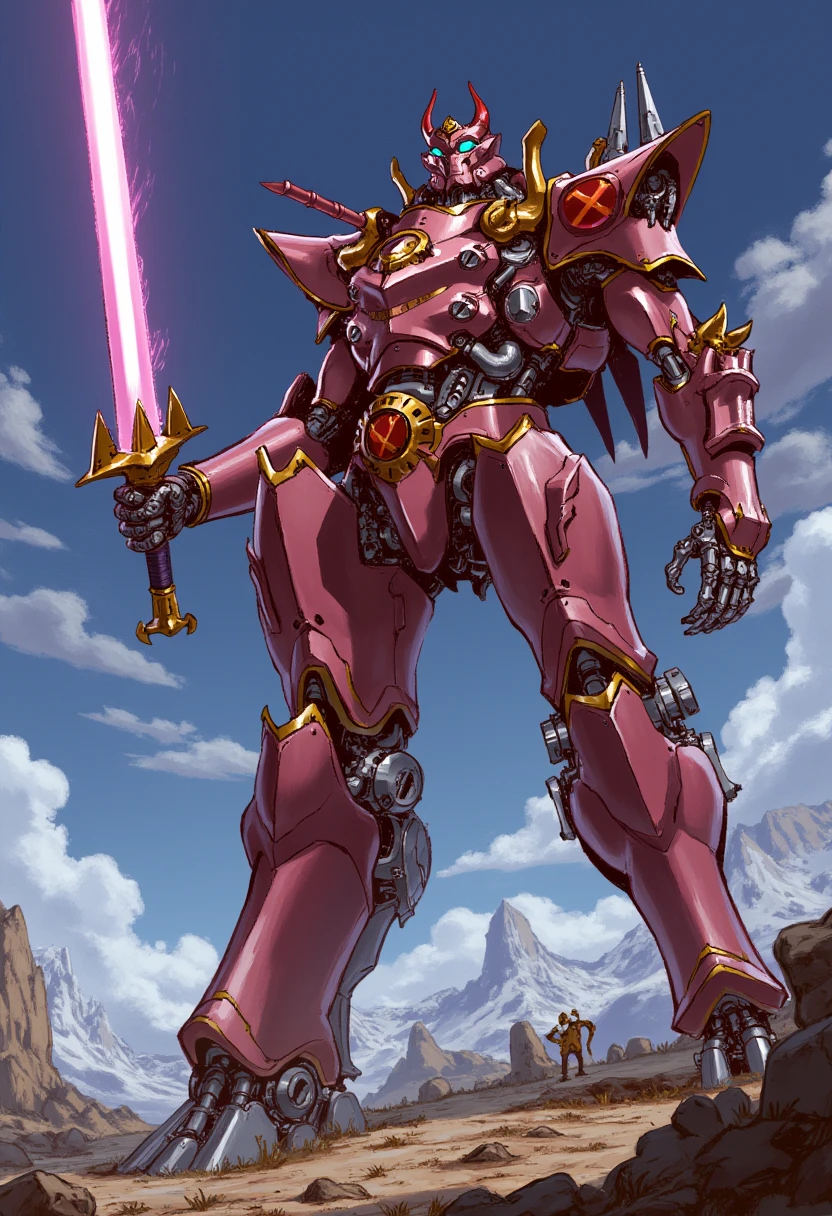 An illustration of a Warhead , a mecha robot holding plasma sword. detailed sci-fi background. <lora:WarheadFlux-sv_fro-0.97-16:1>