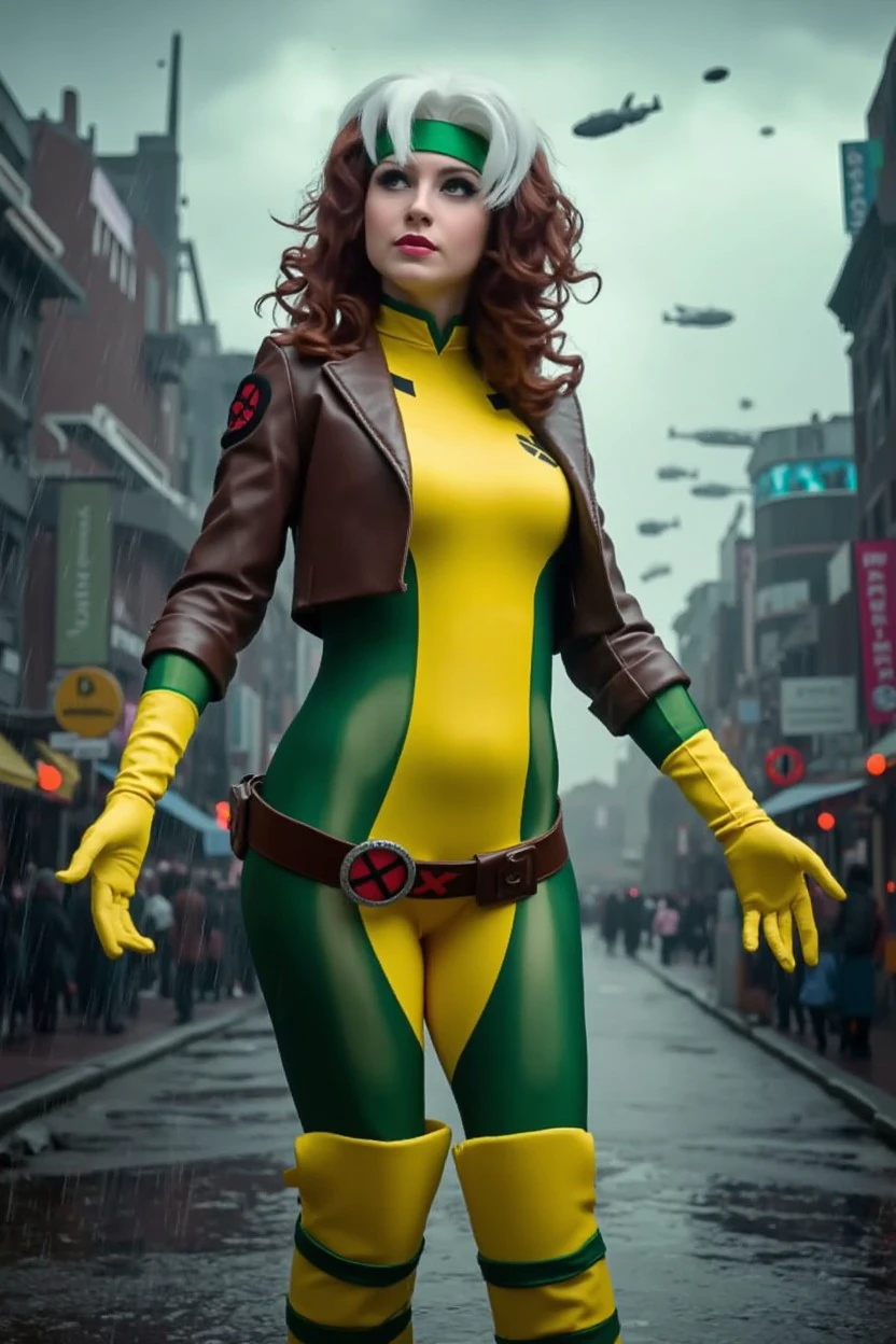 xrgmn woman costume green and yellow bodysuit cosplay, belt, jacket, gloves, brown and white hair, green hair band, 
Esme, Anastasia,
Steampunk city and airships and gears at background, Heavy rain and windy 
<lora:flux_events_Rogue_xrgmn_woman:1>