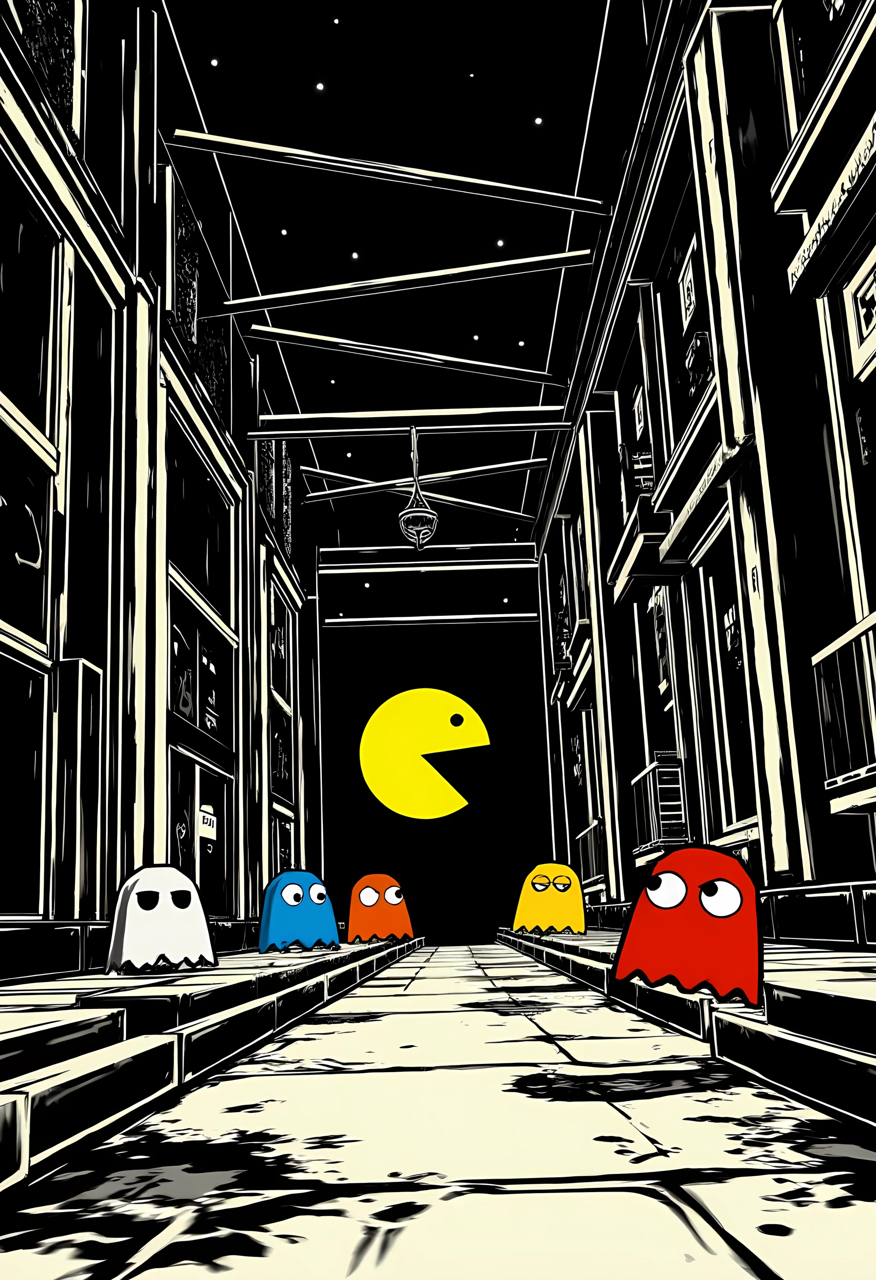 madworldstyle, monochrome, Pac Man fighting colorful ghosts in an alley. 