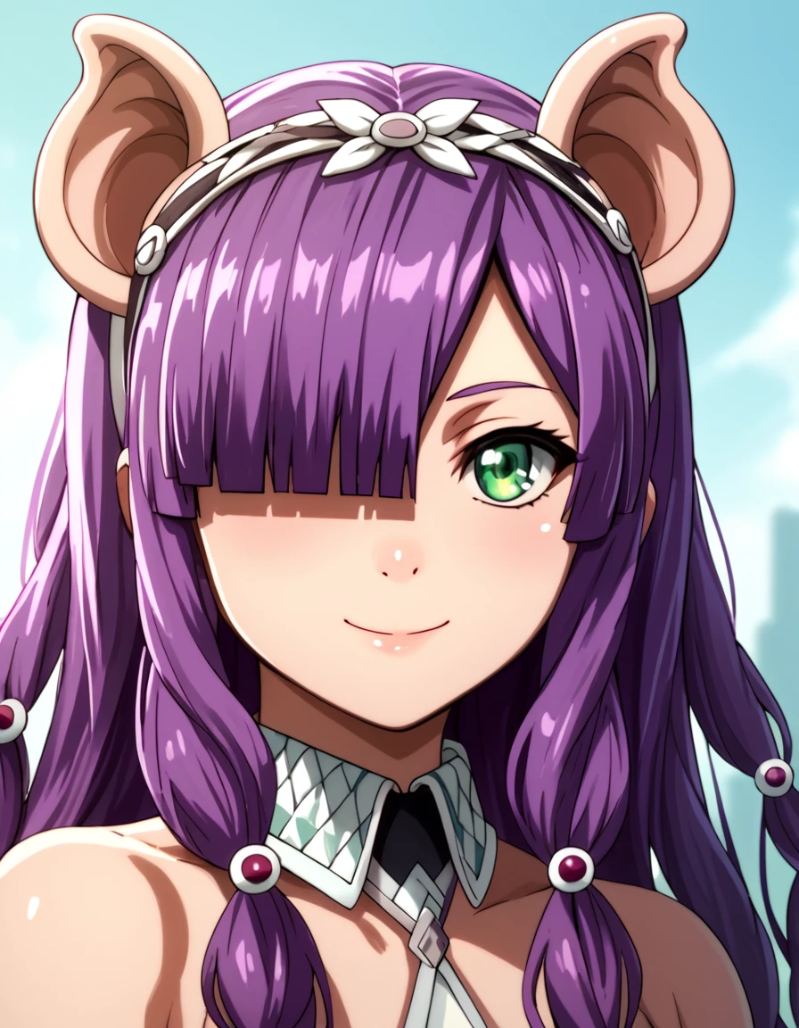 score_9, score_8_up, score_7_up, score_6_up, score_5_up, score_4_up, source_anime  <lora:PeterGrillPhilosophersTimeV2:1>, soft smile, portrait,  Piglette, very long hair, purple hair, hair ornament, hair over one eye, green eyes, pigtail,