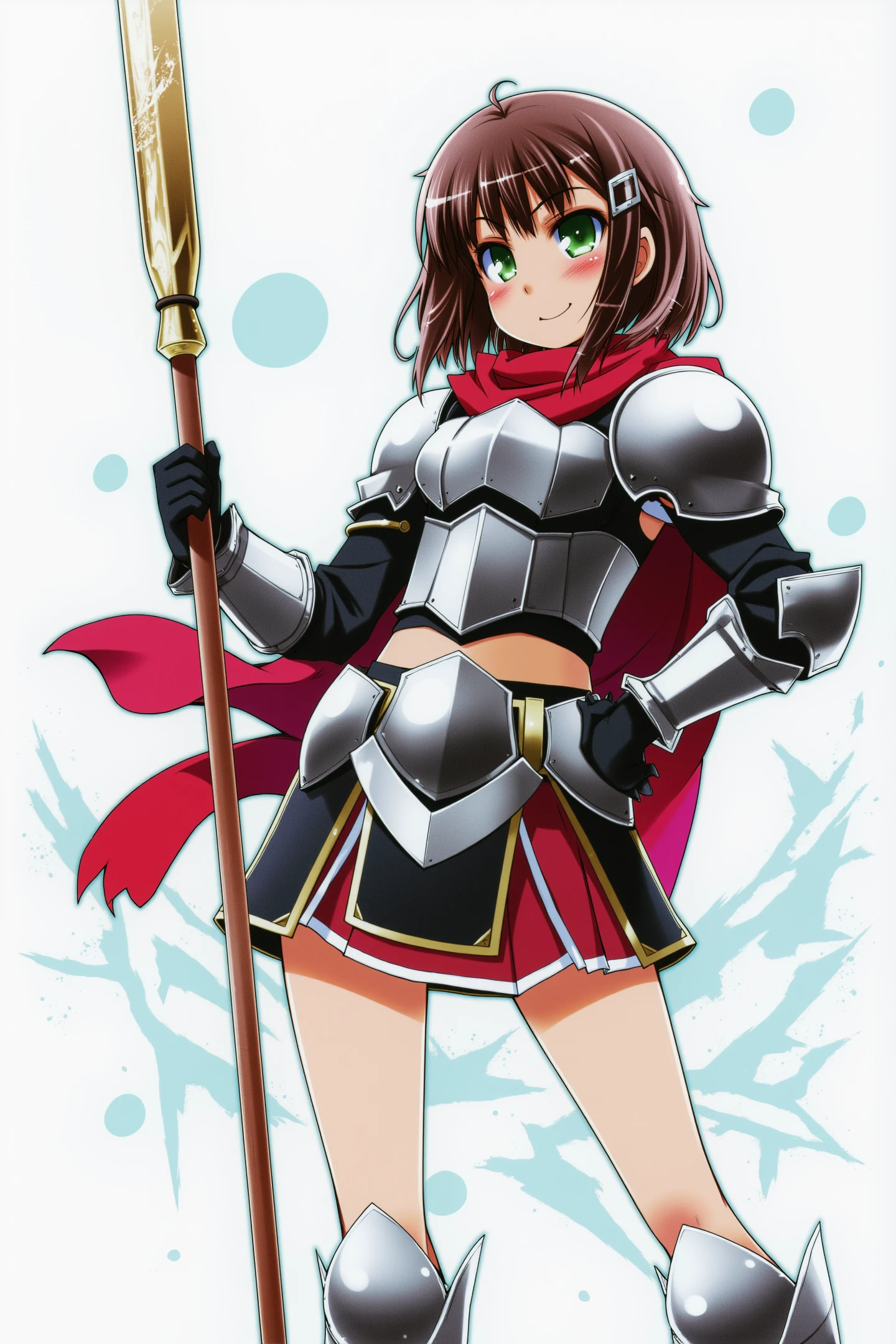 Kinoshita Yuuko, 1girl, solo, green eyes, armor, brown hair, weapon, hair ornament, gloves, hairclip, polearm, smile, belt, hand on hip, short hair, lance, scarf, blush, dress,
<lora:Haga yui_FLUX:1>,