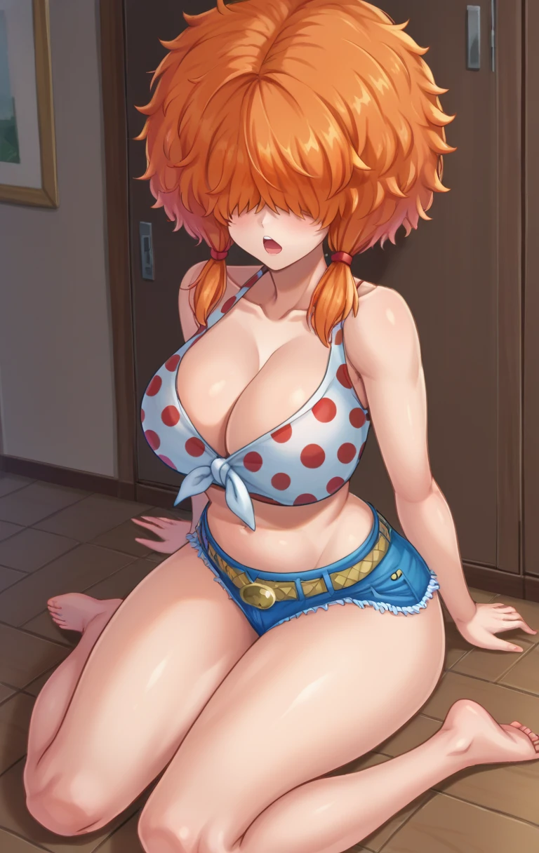 score_9,score_8_up,score_7_up BREAK source_cartoon,<lora:bellum:1>,BellumSDXL,1girl,cleavage,bare shoulders,twintails,thighs,shorts,large breasts,curvy,thighs,barefoot,midriff,belt,orange hair,lips,crop top,short shorts,makeup,low twintails,polka dot,denim,lipstick,afro,short twintails,front-tie top,blue shorts,denim shorts,hair over eyes,cutoffs,polka dot bikini,cowboy shot,room,room background,kneeling,