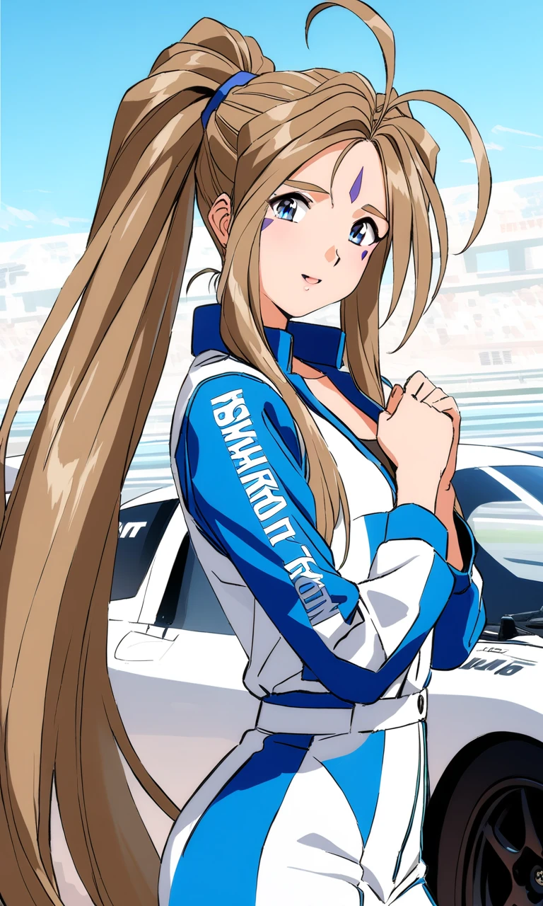 belldandyova, solo, 25 years old woman, 165cm tall,
light brown hair, voluminous hair, top ponytail, long side bangs, blue eyes, antenna hair, ahoge from the forehead center top, light pink lips,
an elongated-shaped blue forehead mark, triangular-shaped blue cheek marks,
race queen, racing suit, racing car,  circuit background, 
looking at the viewer,
shy facial expression, own hands together,
cowboy shot, dynamic angle,
masterpiece, 8k, ultra-detailed, high resolution, best quality,
<lora:Belldandy OVA SDXL V1.1:0.8>,