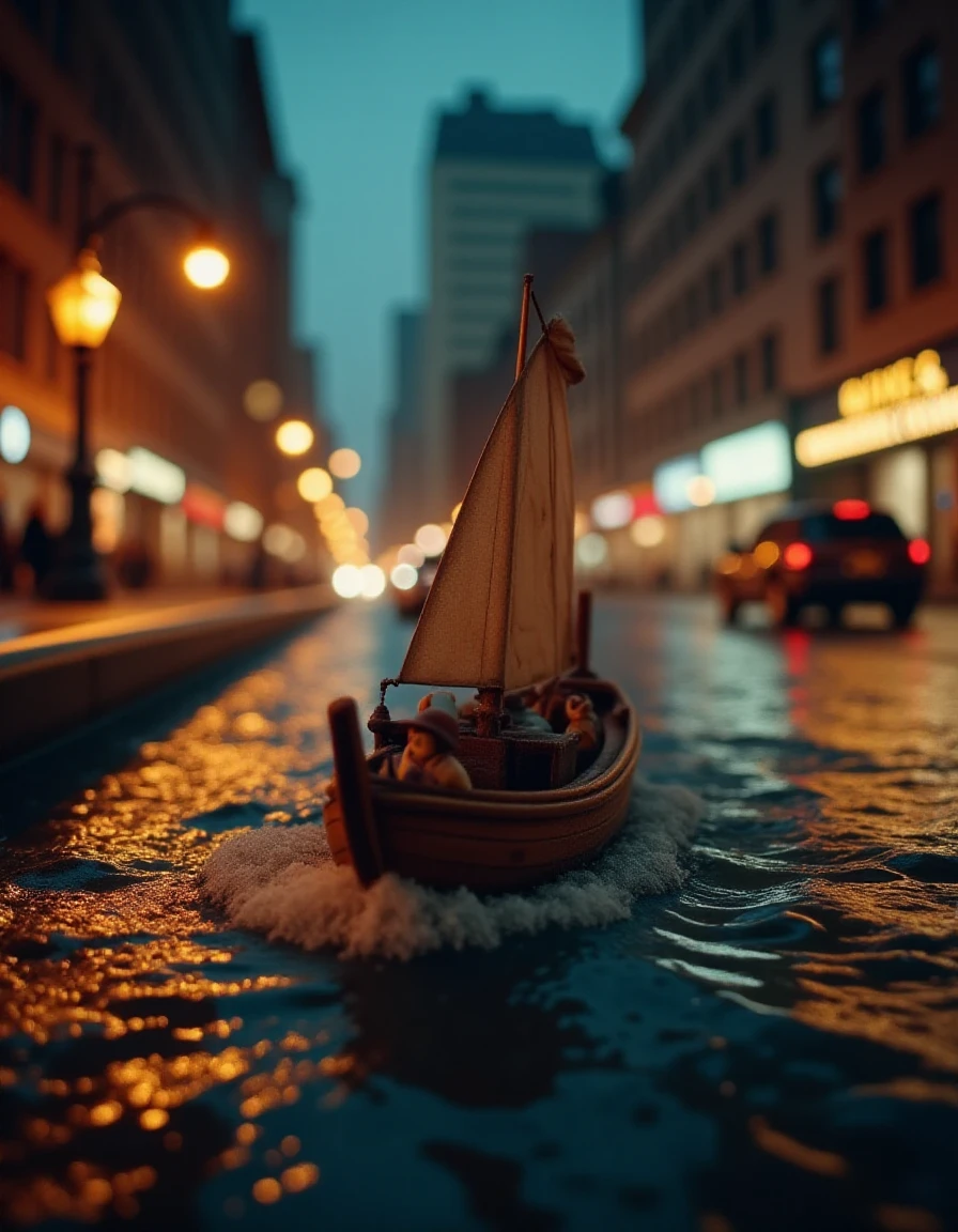 woodfigurez, a small wooden boat in sour water, during heavy weather, in the streets of new york, tilt shift photography, at night <lora:woodfigurez:1>