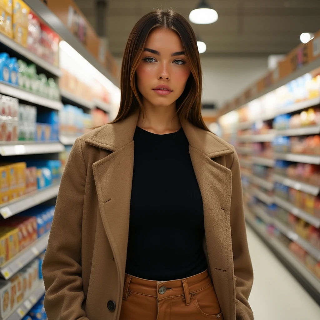 woman,light makeup, coat,black t shirt, brown pants, at a grocery isle, looking at viewer, m4d1s0n
