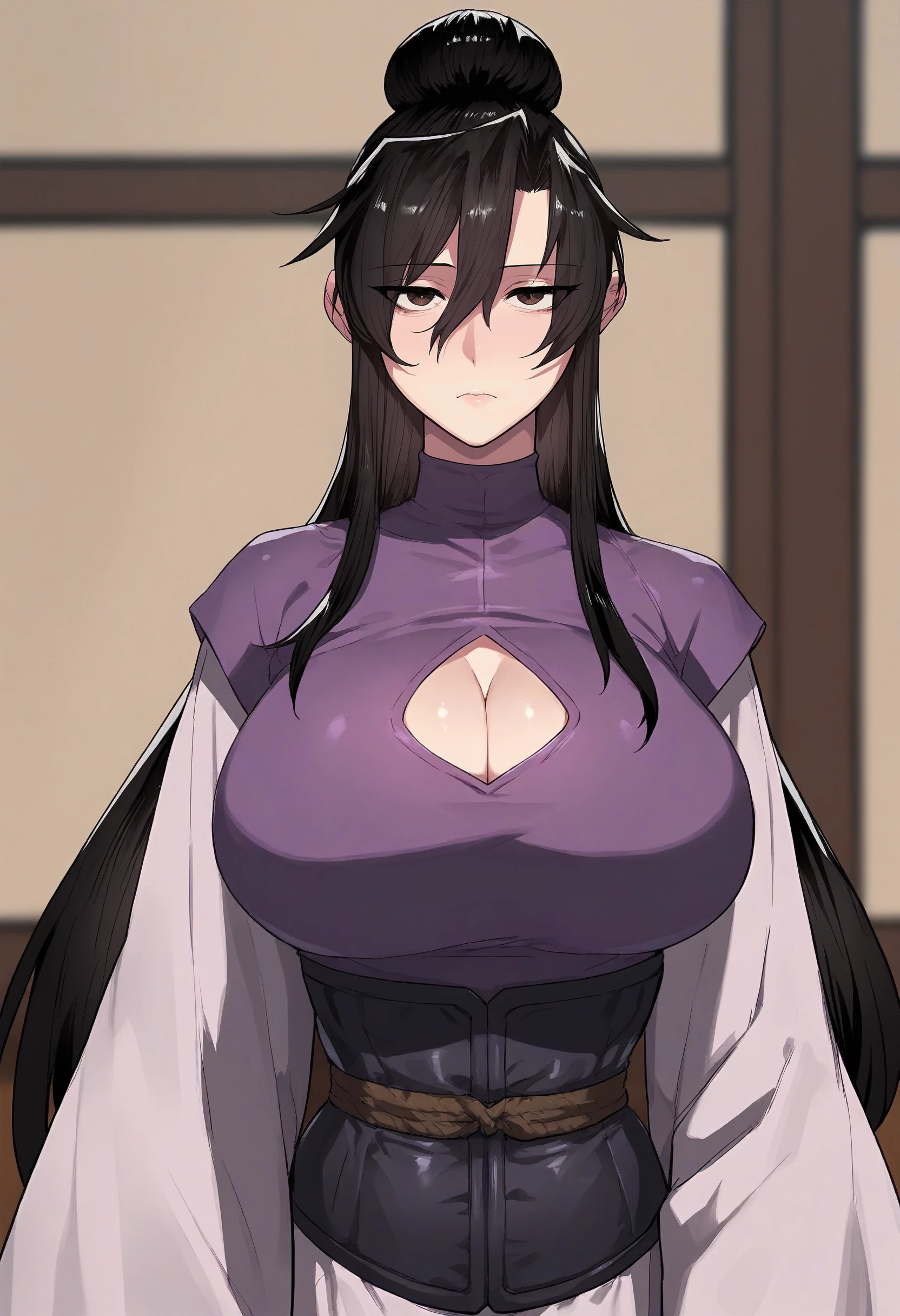 score_9, score_8_up, score_7_up, score_6_up, source_anime, rating_explicit, 1girl, (solo:1.1), huge breasts,<lora:Tang Hye prefectPonyxl:0.9> black hair, long hair, single hair bun, hair between eyes, black eyes, brown eyes, sidelocks, purple dress, turtleneck, cleavage cutout, short over long sleeves, wide sleeves, corset, expressionless, indoors, looking at viewer