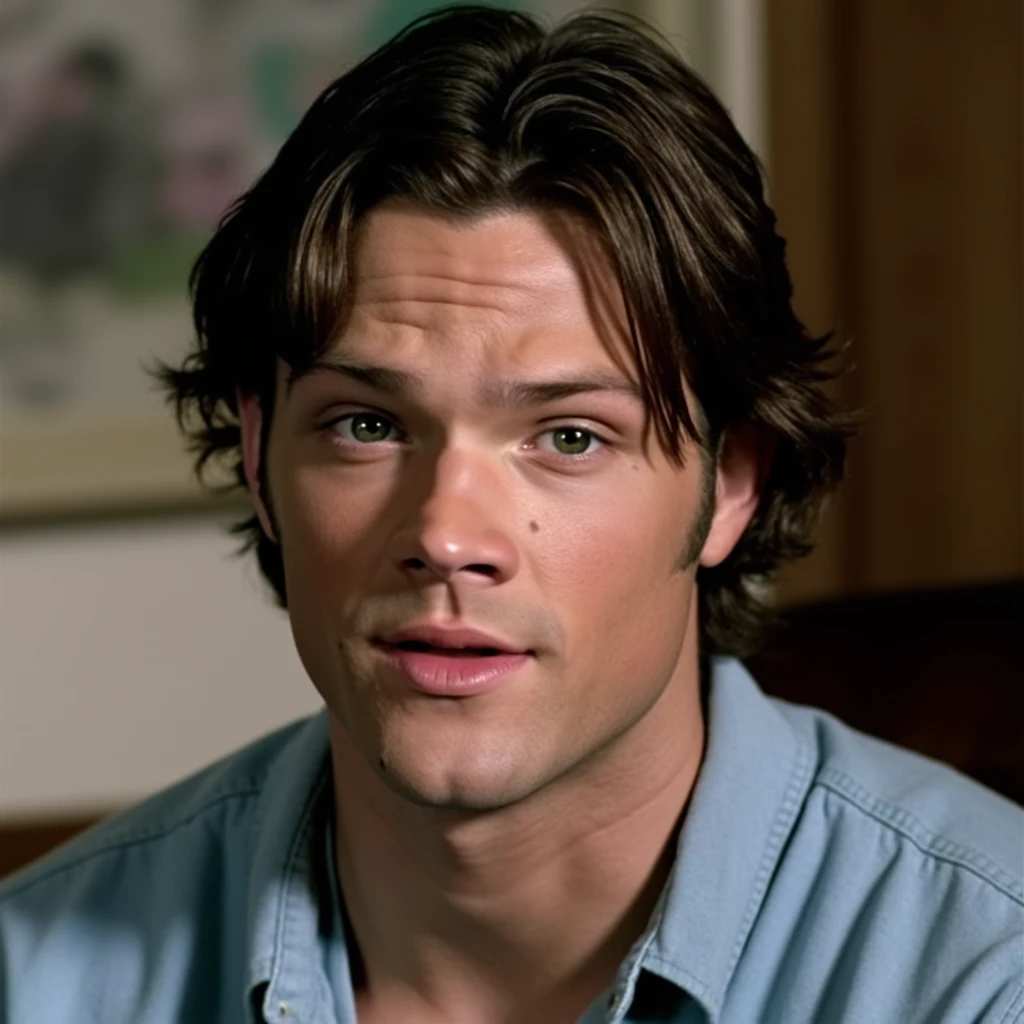 (padalecki, handsome male 20 yo, athletic) looking at viewer, open mouth, casual clothes, portrait, close up view