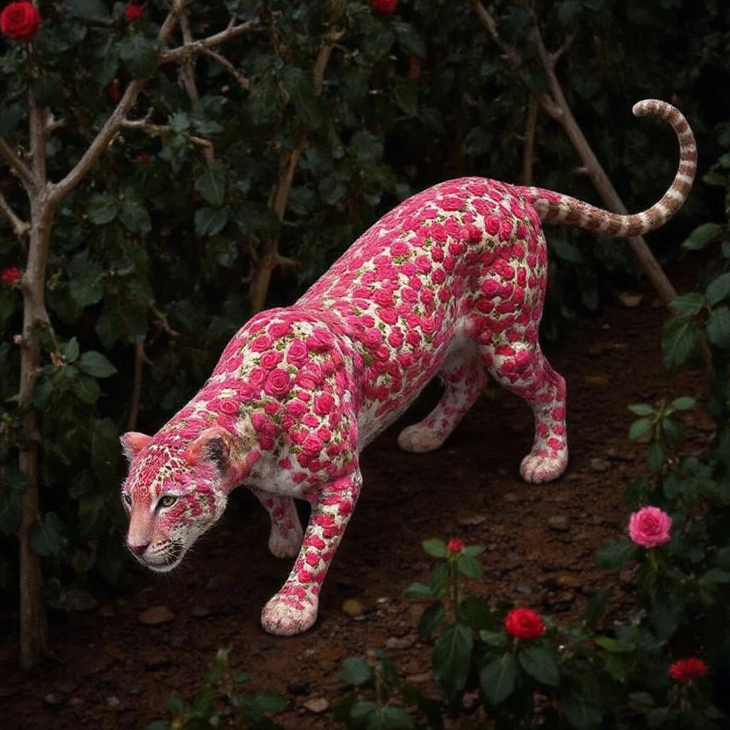 Juaner_whimsy,
A leopard with spots made of delicate roses, stalking through a dense, flower-filled jungle. Its fur is soft and velvety, with red and pink roses growing in the shape of its iconic spots. The leopard’s eyes glow like gems, and its tail is a long vine trailing behind it, covered in thorns and buds.