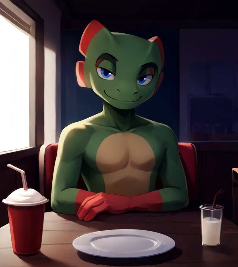 score_9, score_8_up, score_7_up, high res:1.5, digital media (artwork), lineless, cel shading, warm colors, warm lighting, y00k4, yooka, scalie, chameleon, curled tail, green skin, two tone body, multicolored skin, blue eyes, anthro, smirk, romantic, shirtless, featureless chest, male, chibi, human pov, sitting at table, sitting with viewer, looking at viewer, diner background <lora:Yooka_-_Yooka-Laylee:1>